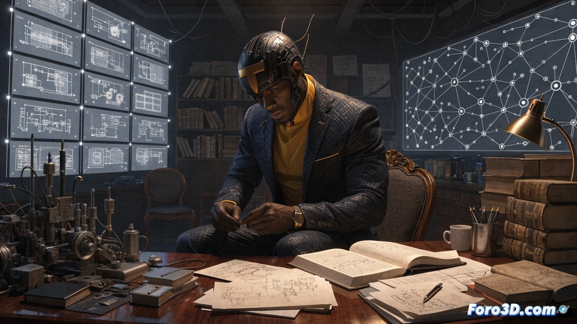 Mister Terrific Michael Holt standing inside a holographic tactical command center, multiple floating T-spheres projecting real-time data streams and combat algorithms around him, hands manipulating translucent augmented reality interfaces, glowing blue wireframe schematics of advanced technology surrounding his silhouette, dark urban cityscape visible through glass panels behind him, dramatic low-angle shot emphasizing his focused expression and streamlined suit, cinematic photorealistic style with high contrast lighting, metallic reflections on tactical gear, dynamic action pose during strategic analysis, ultra-detailed technical visualization