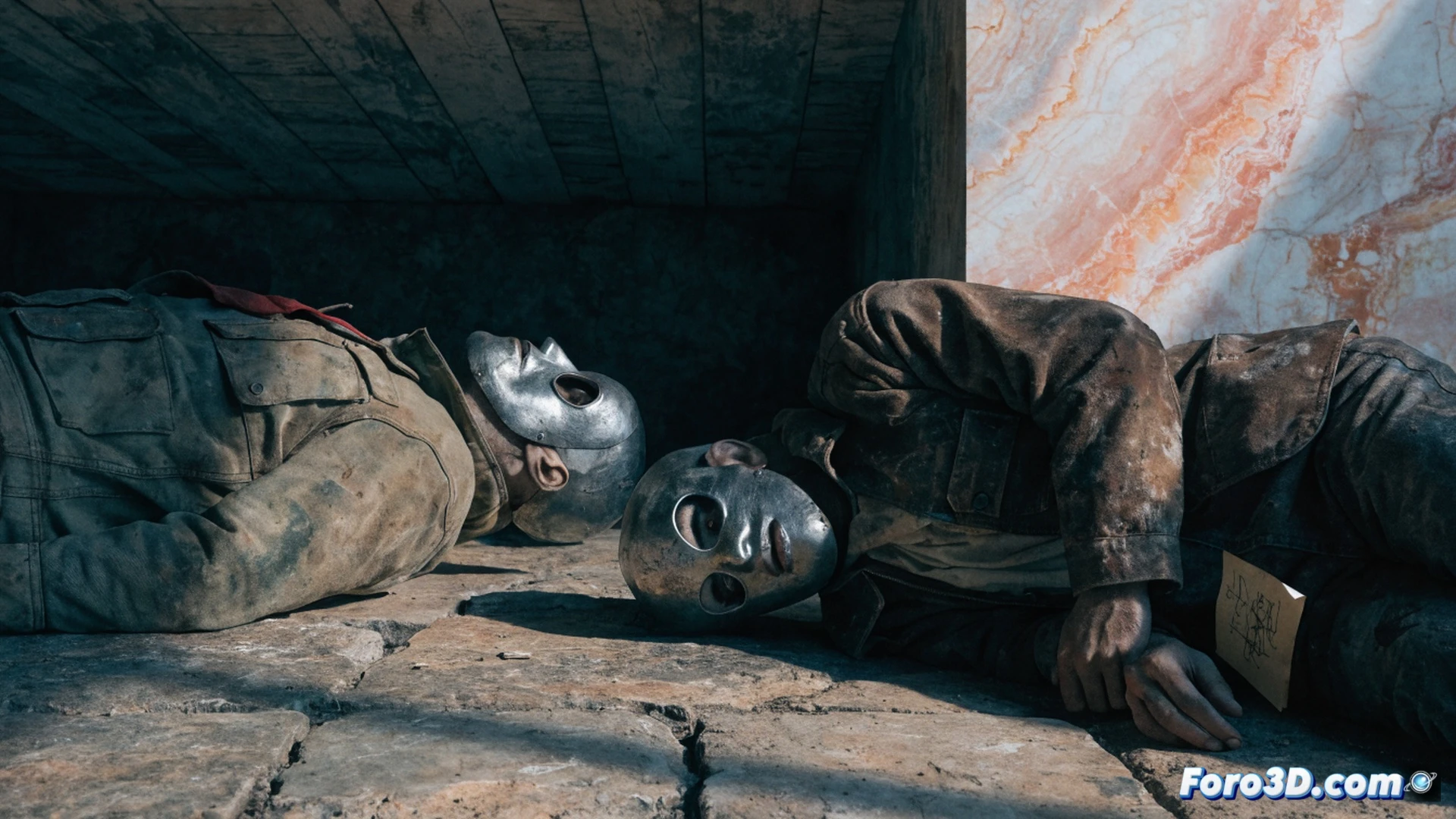 two men in 1960s work clothes lying on grassy hillside, crude lead masks covering their faces, one hand still holding a broken radio component, scattered electronic tools and wires on the ground near them, a crumpled handwritten note beside a disconnected antenna, overcast sky, eerie stillness, cinematic forensic reconstruction style, muted sepia tones, grainy film texture, dramatic shadows from low sun, photorealistic historical crime scene render
