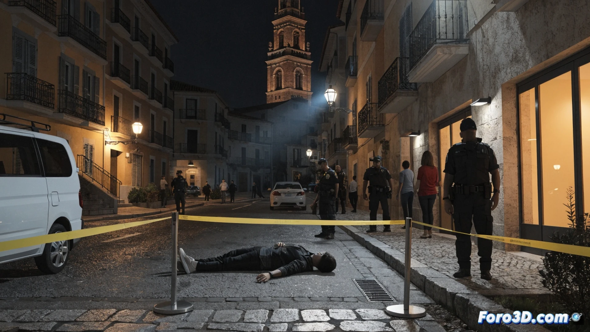 Calle residencial de Castellón al anochecer, cinta policial amarilla cruzando la entrada de un edificio, agentes de policía científica con monos blancos recogiendo muestras con hisopos y pinzas cerca de una puerta metálica entreabierta, foco portátil iluminando el suelo de baldosas, vecinos observando desde ventanas con expresiones de preocupación, coche patrulla con luces azules parpadeantes al fondo, estilo cinematográfico realista, iluminación dramática de farolas, sombras alargadas, atmósfera tensa y misteriosa, detalles nítidos en texturas de asfalto y ladrillo, photorealistic crime scene visualization