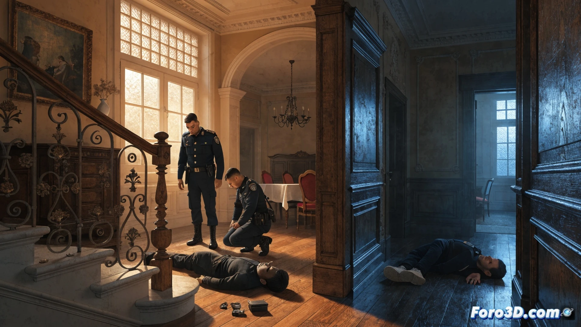 forensic investigators in white suits examining two covered human silhouettes on the floor of a dimly lit Spanish living room, Guardia Civil officers using flashlights and digital tablets to scan the scene, fingerprint dusting brush on a table, yellow evidence markers placed around the room, one officer photographing a broken window with a DSLR camera, another kneeling to inspect a dark stain on the ceramic tile, cinematic photorealistic style, dramatic shadows from a single overhead lamp, cool blue ambient light from outside, ultra-detailed textures on the officers’ uniforms and equipment, tense investigative atmosphere