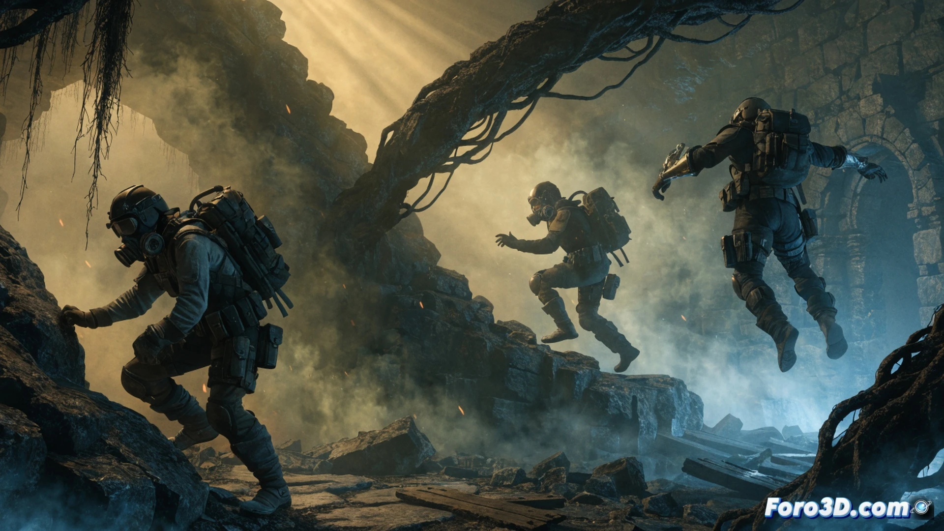 three armored hunters in a fog-shrouded forest clearing, one character clutching a glowing artifact while a green toxic mist creeps upward from the ground, another hunter aiming a crossbow at a shadowy creature emerging from the mist, the third hunter checking a wrist-mounted extraction device with pulsing red timer, rusted iron gear scattered on wet moss, dark medieval-fantasy armor with scratches and dents, cinematic photorealistic style, dramatic side lighting through tree canopy, mist particles catching light, tense action scene showing survival decision moment, ultra-detailed metal textures, motion blur on crossbow bolt mid-air, glowing poison vapor trails, high-contrast shadows, technical illustration of extraction gameplay mechanics
