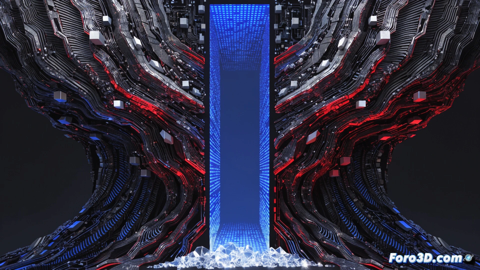 Photorealistic technical scene showing a cracked digital lock interface being bypassed by a glowing red backdoor symbol, malicious code strings flowing from a masked figure’s laptop into a banking app on a smartphone, while a fake update window labeled ClickFix pops up on the screen, engineering visualization, dark cyberpunk style, neon blue and red lighting, metallic hardware components, data streams visualized as glowing particles entering the phone, dramatic cinematic lighting, ultra-detailed circuits and keyboard keys, hyperrealistic render