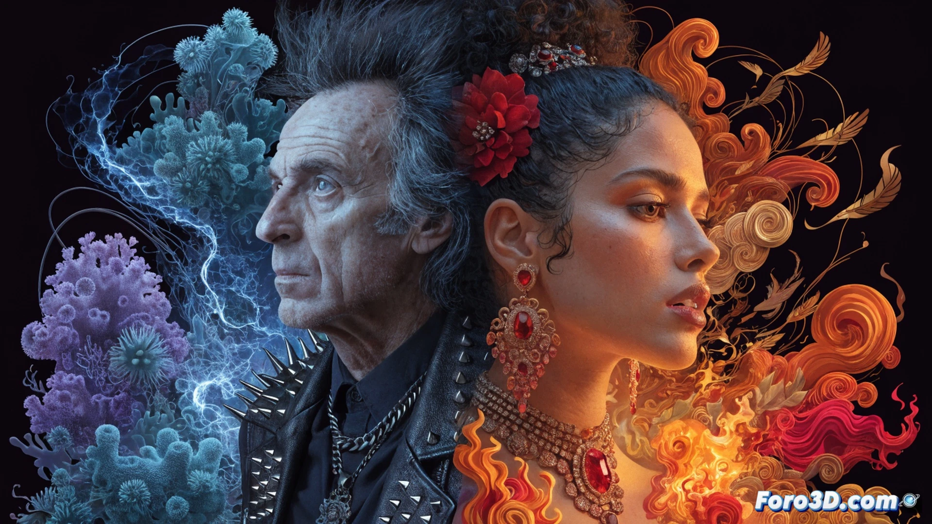 punk philosopher Simon Critchley in worn leather jacket holding a vinyl record while Rosalía’s flamenco guitar cable connects to a vintage amplifier, glowing soundwaves morphing into sacred geometry patterns, mystical smoke rising from a soldering iron repairing a pedalboard, cinematic technical illustration, gritty backstage lighting, dust particles caught in amber stage light, analog audio equipment with exposed circuitry, photorealistic engineering visualization, action of spiritual energy flowing through wires and strings