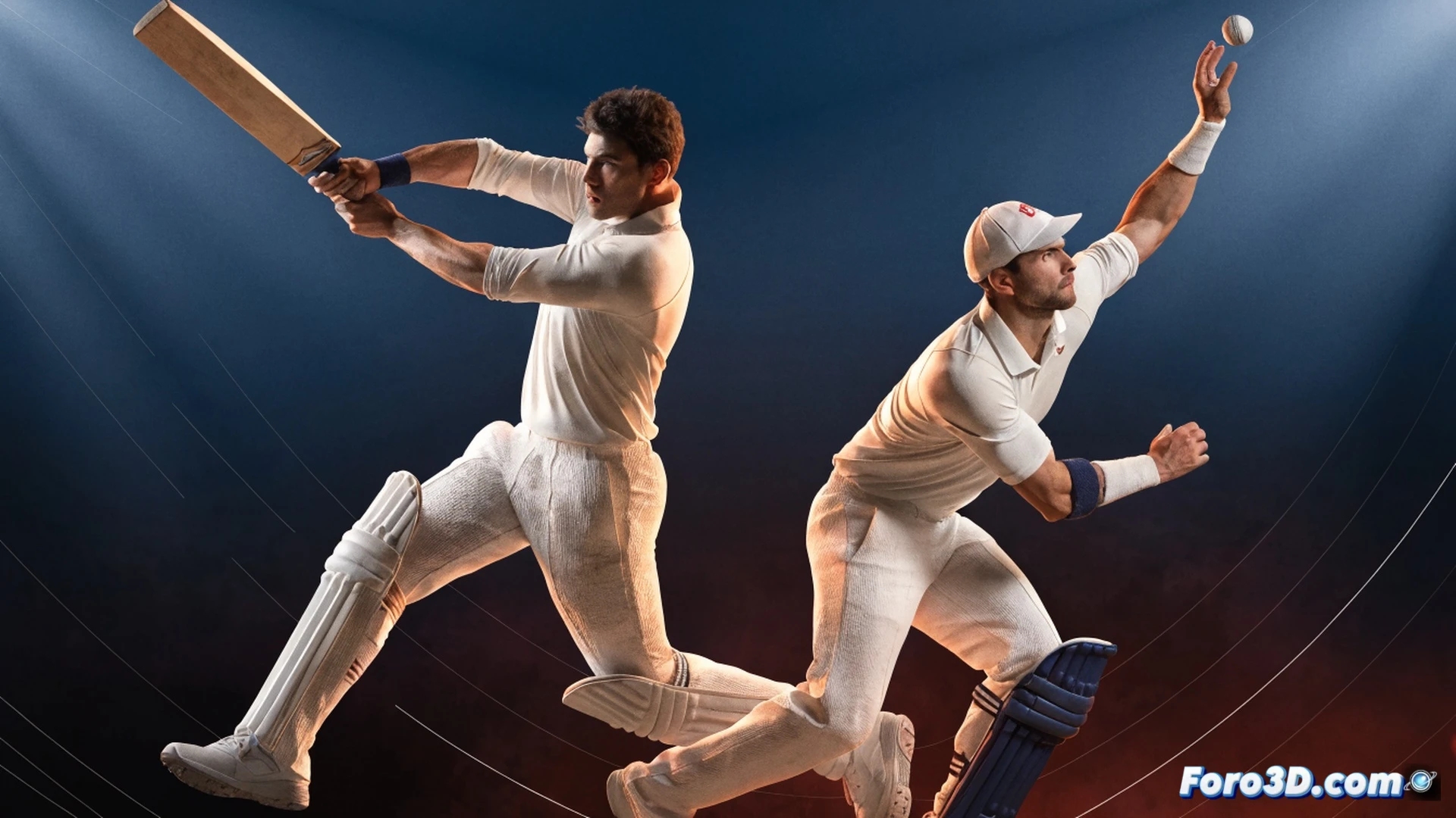 Mitchell Marsh mid-stroke during a powerful cover drive, cricket bat angled forward, ball compressing against the pitch, motion capture skeleton overlay showing hip rotation and shoulder torque, red trajectory lines tracing bat swing path and ball flight, speed data streams and joint angle annotations floating nearby, biomechanical analysis interface with wireframe body model, photorealistic cinematic render, stadium floodlights casting sharp shadows, grass texture detailed, high-speed action frozen mid-impact, technical sports visualization style