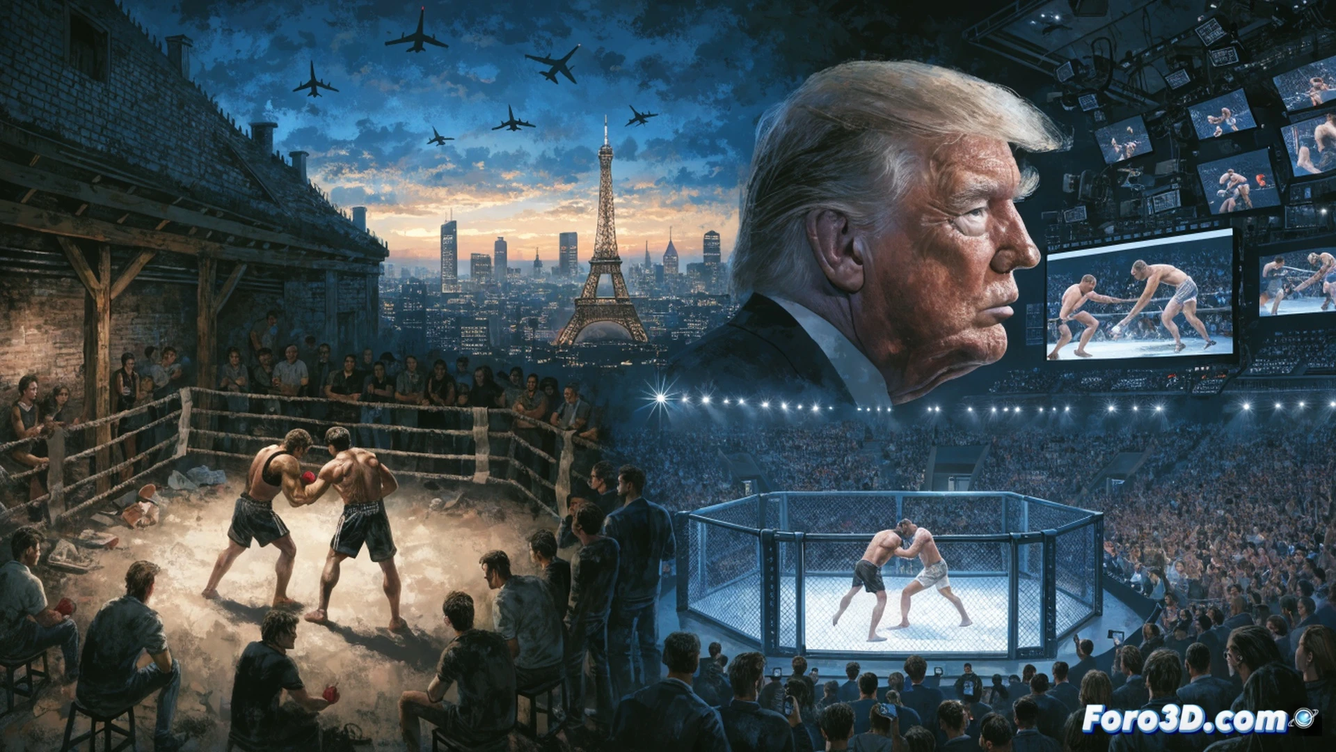 MMA octagon ring under dramatic arena lights, two fighters mid-action with one throwing a spinning kick while opponent dodges, crowd cheering in blurred background, digital broadcast cameras on robotic arms capturing the fight, TV screens showing Trump watching from VIP seats, cinematic photorealistic style, high contrast lighting, sweat droplets frozen in motion, octagonal cage fence with wire mesh texture, event banner visible but no text, dramatic shadows on mat floor, ultra-detailed fighter physiques, motion blur on striking limbs, professional sports photography aesthetic