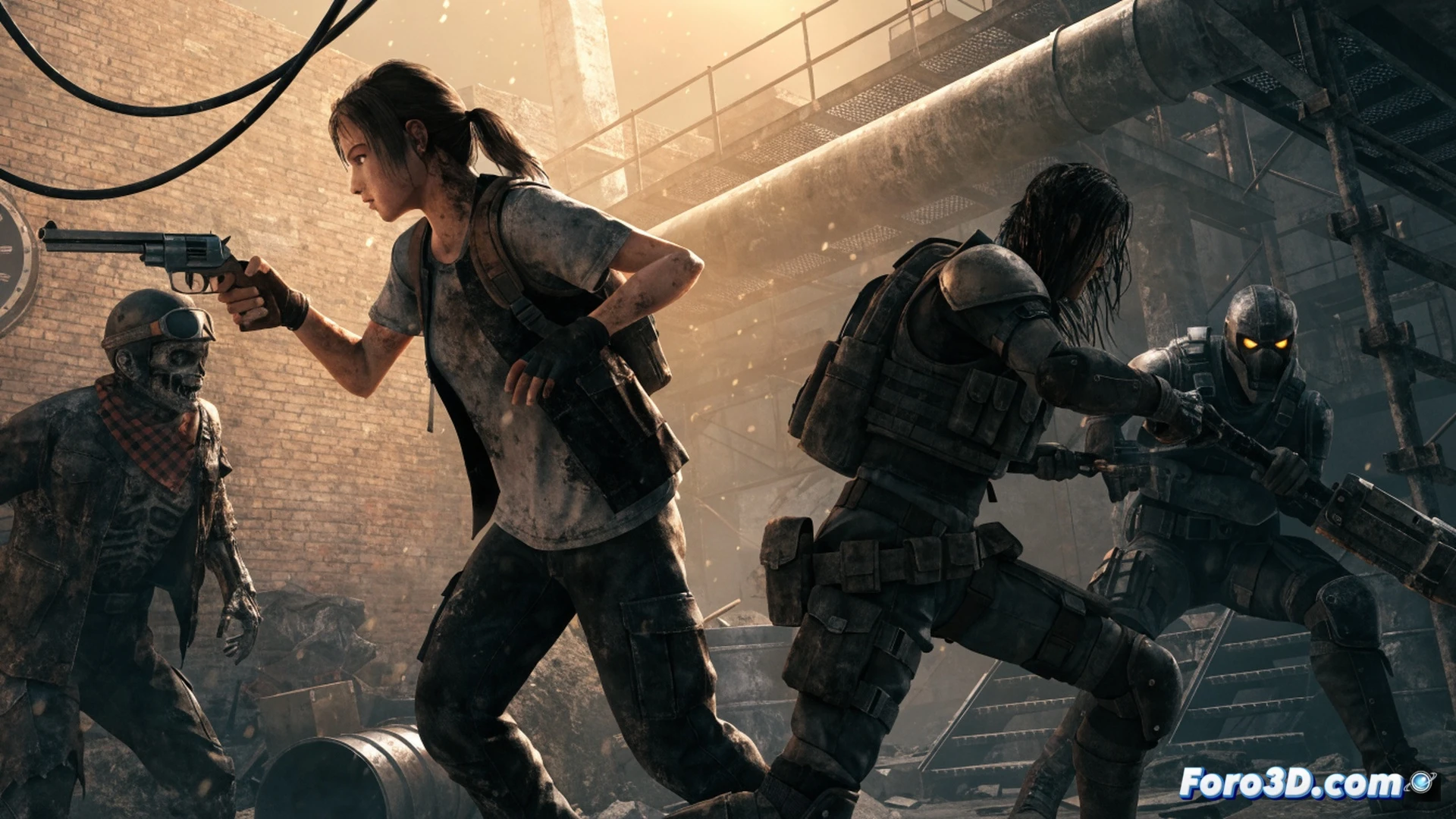 PC gaming setup showing a gameplay session of The Last of Us Part II on a monitor, character aiming a bow at an infected enemy while a second player character appears in split-screen, laptop with Unity engine and modding tools open on side, keyboard and mouse connected, code lines visible on secondary screen, cinematic photorealistic style, dramatic lighting from screen glow, dark room atmosphere, action during online match, technical modding environment, high-detail textures, realistic shadows, modern gaming hardware