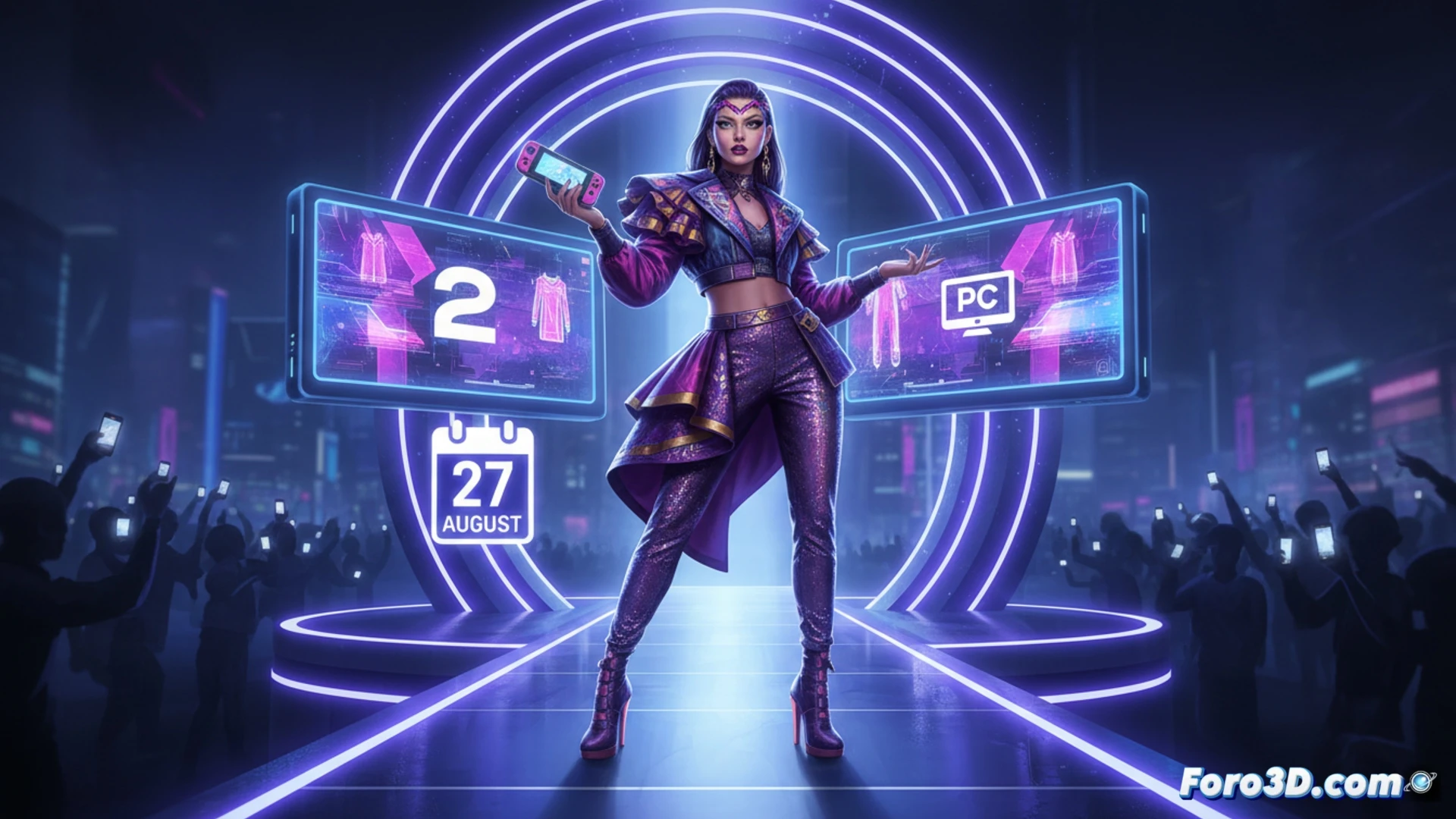 fashion model standing on a futuristic runway during a photoshoot, adjusting a digital tablet with clothing design software open, mannequin with customizable dress panels nearby, makeup palette and brush tools on a glowing table, cinematic technical illustration, bright studio lights reflecting on glossy floor, motion blur from camera flash, holographic interface showing fabric textures and color palettes, photorealistic render, ultra-detailed sewing machine and fashion sketches in background, dramatic spotlight on model and equipment