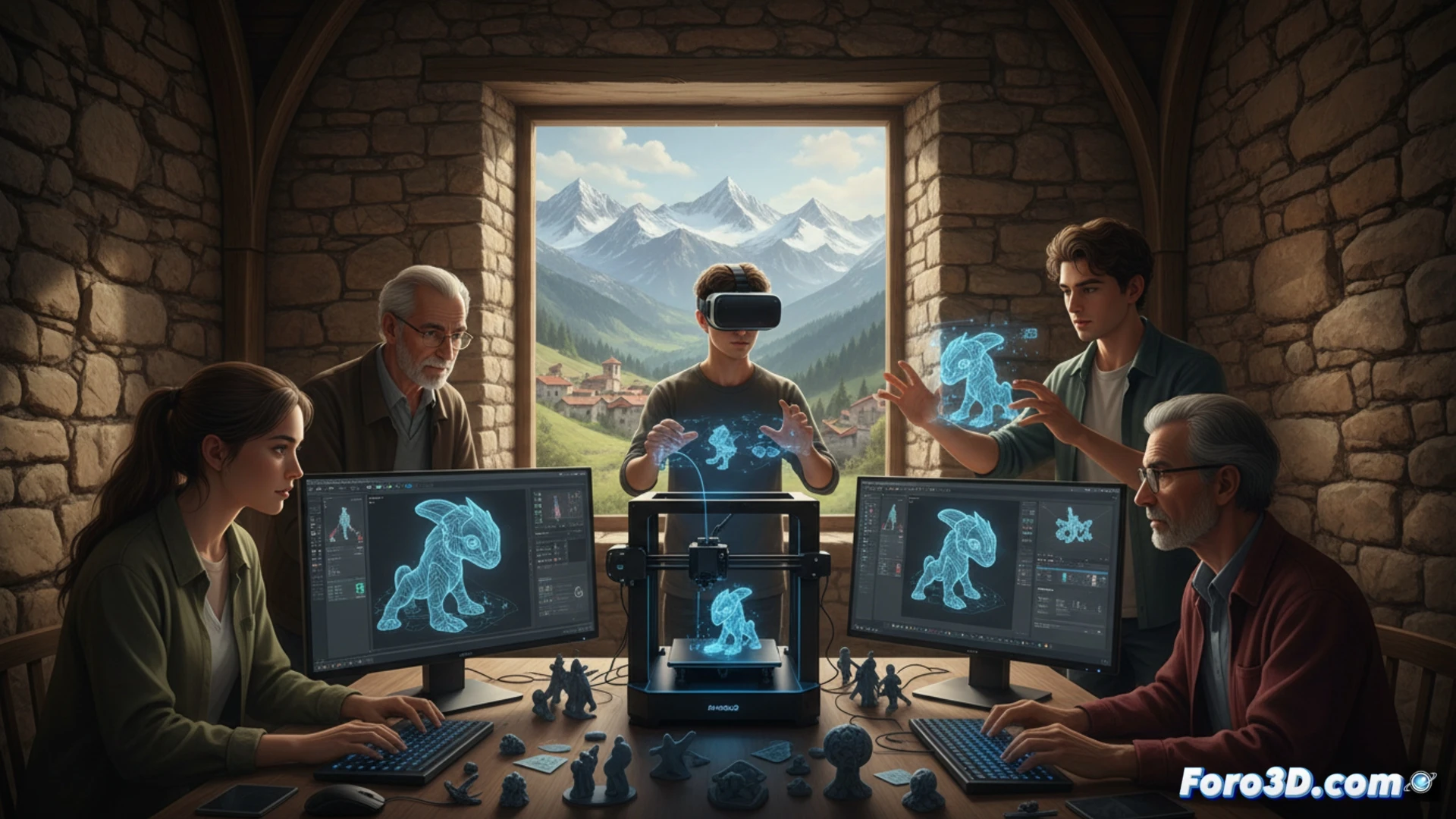 Montaña Palentina landscape background, three generations of villagers gathered around a wooden table, elderly man wearing glasses adjusting a 3D printer nozzle while a teenager demonstrates a laptop screen showing Blender wireframe model of a local stone house, middle-aged woman holding a newly printed prototype geometric sculpture, digital tablet with stylus visible, warm interior lighting contrasting with cold mountain dusk outside window, cinematic photorealistic style, hands actively engaged in assembly and design process, technical workshop atmosphere, ultra-detailed textures on tools and machine components