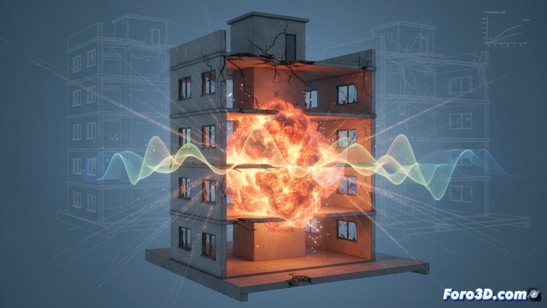 Modelado 3D de deflagración en edificio con frente de llama y onda de presión expansiva