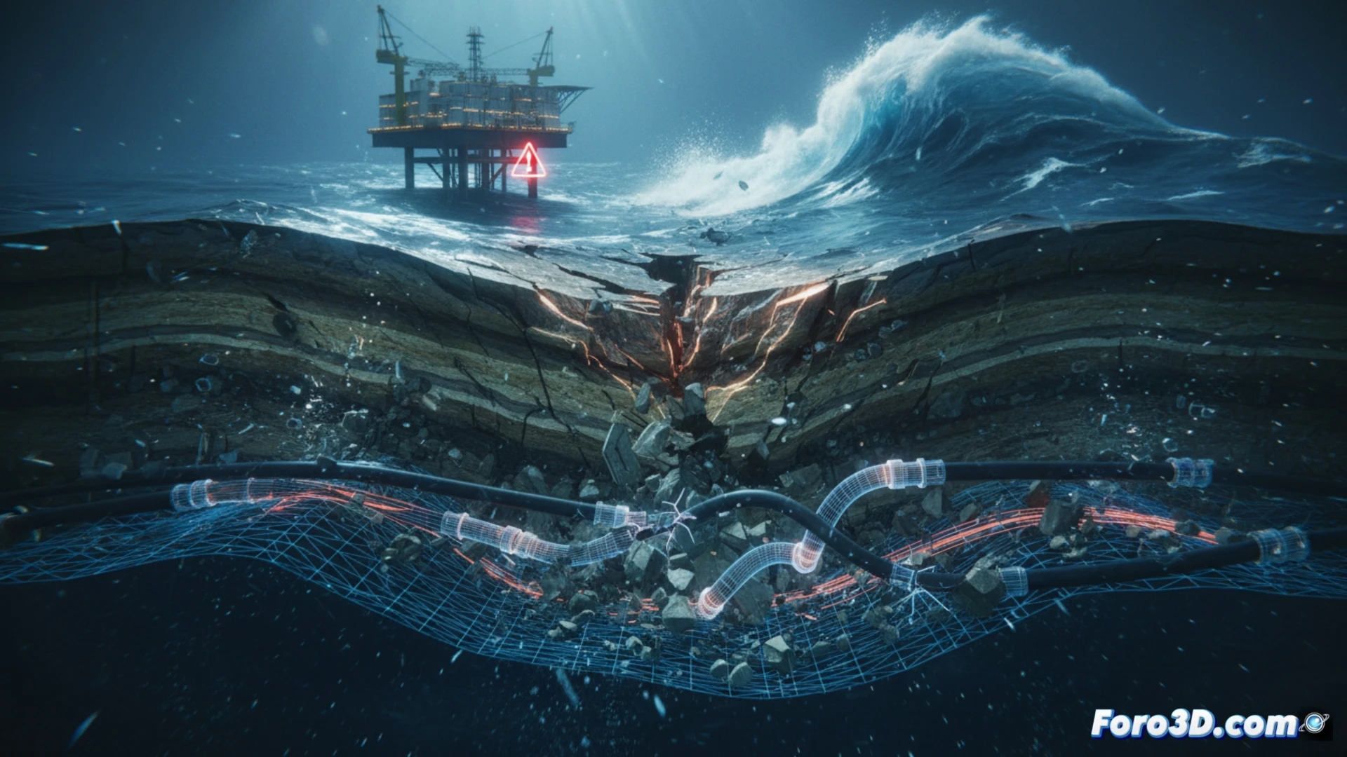 Simulación 3D de deformación del lecho marino por terremoto, mostrando fallas y desplazamiento de sedimentos submarinos