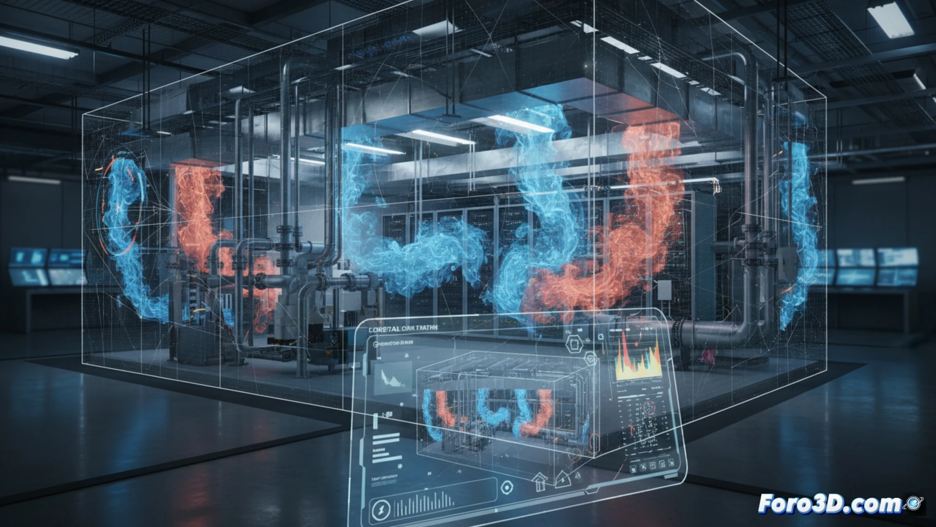 Simulación 3D de fuga de gas refrigerante en conductos de climatización industrial con mapa de concentración