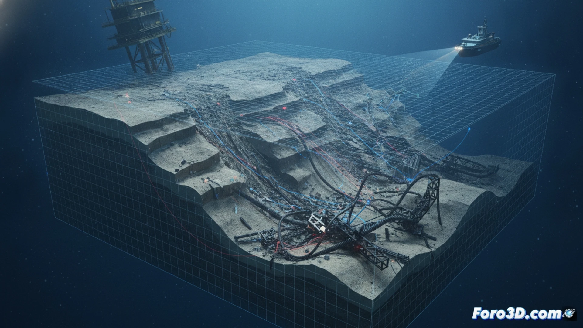 Simulación 3D de erosión submarina mostrando el socavamiento del lecho marino y riesgo de deslizamiento de talud