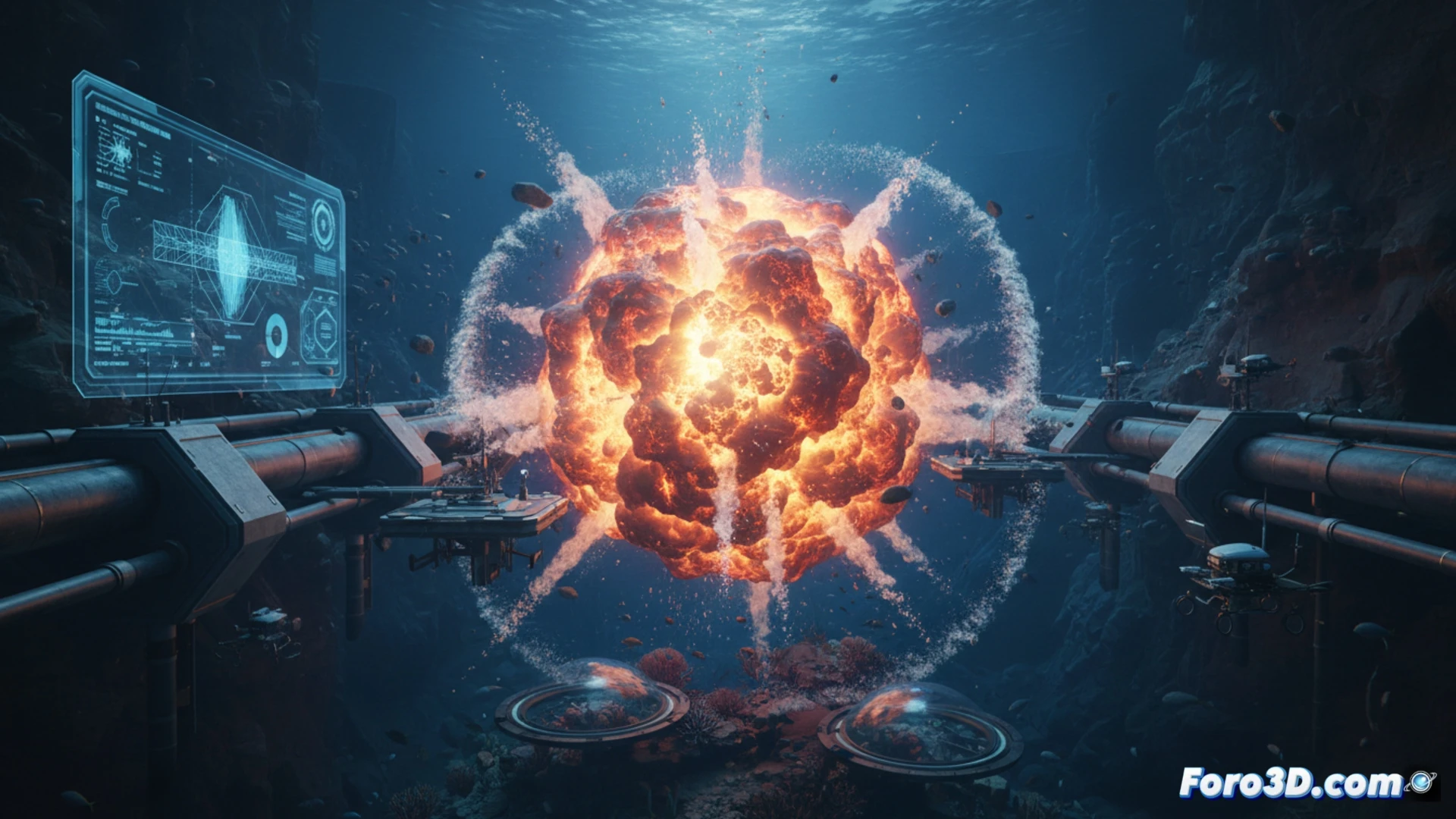 Simulación 3D de explosión submarina con onda expansiva y burbuja de gas en océano profundo
