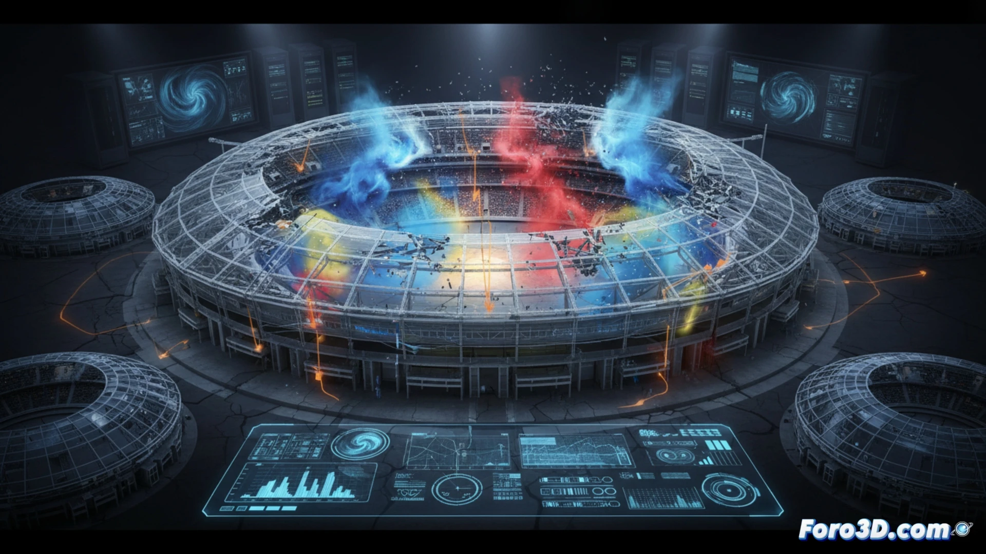 Simulación 3D de flujo de aire y presiones diferenciales en cubierta de estadio cerrado durante falla por viento interior