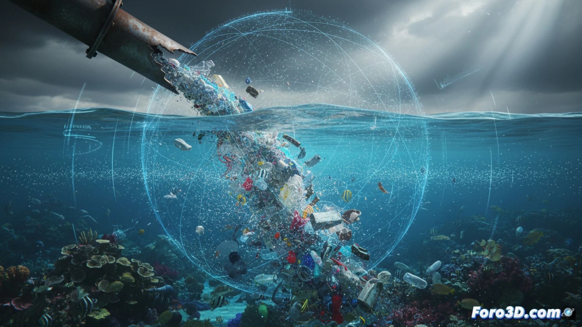 Simulación 3D de partículas plásticas dispersándose en un ecosistema acuático contaminado