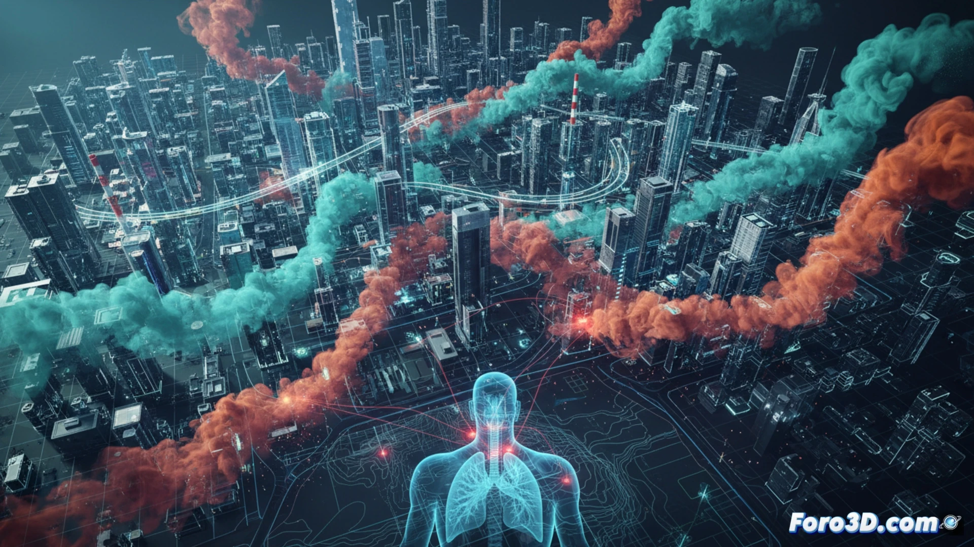 Mapa 3D de dispersión de contaminantes PM2.5 y NO2 en ciudad, con nubes de puntos y datos satelitales