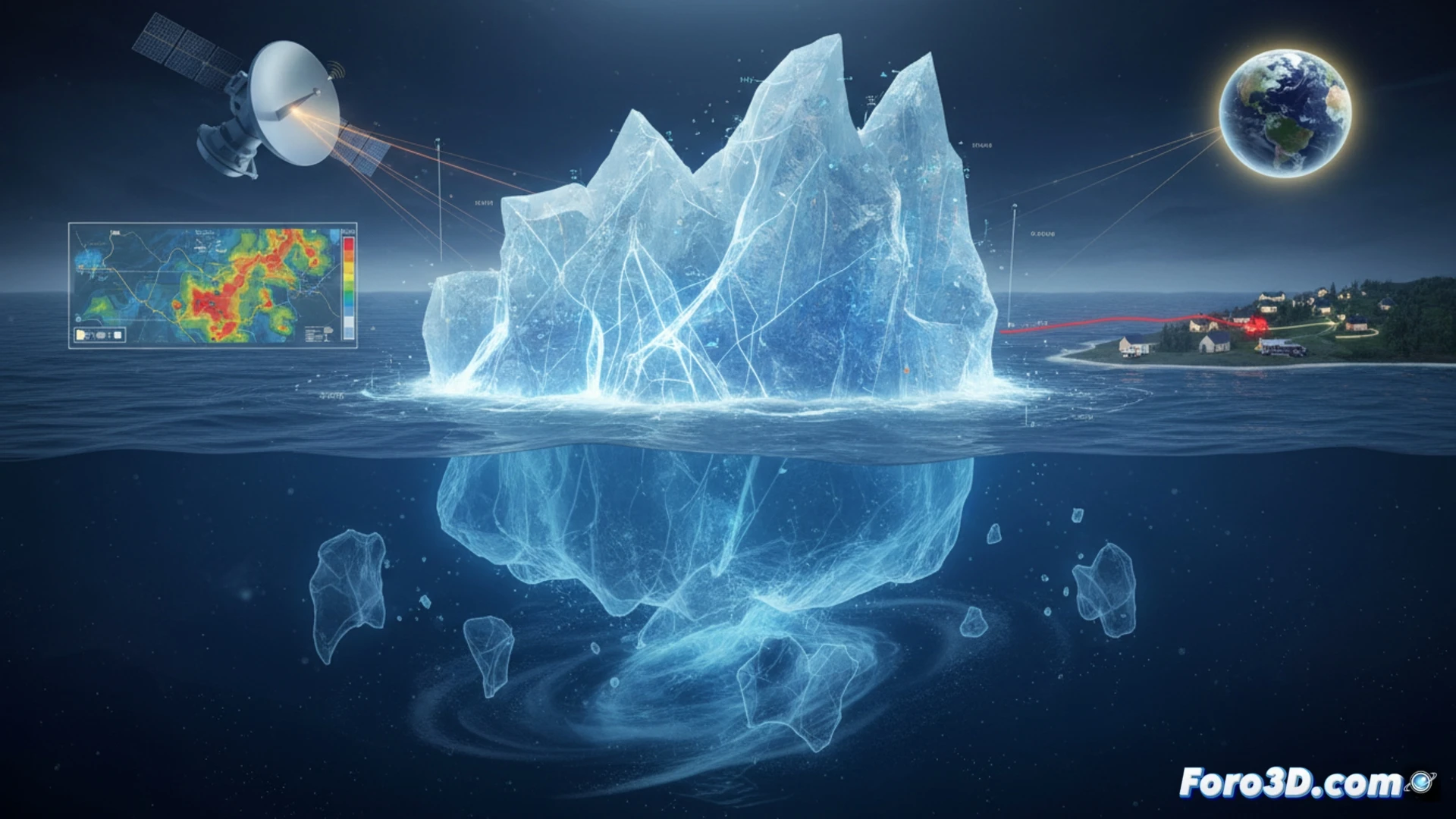 Simulación 3D de fractura de bloque de hielo monumental en glaciar, con datos satelitales y análisis de trayectoria