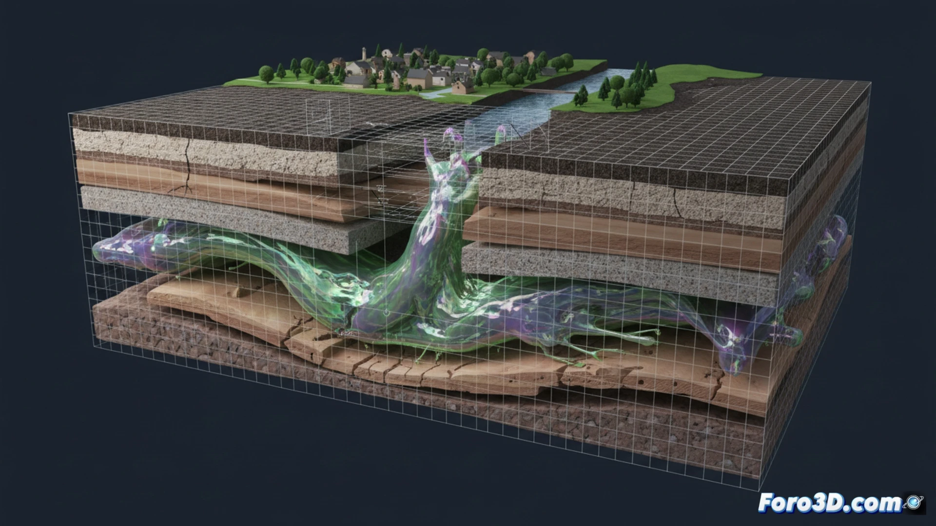 Simulación 3D de pluma tóxica subterránea propagándose entre capas de roca y acuíferos contaminados
