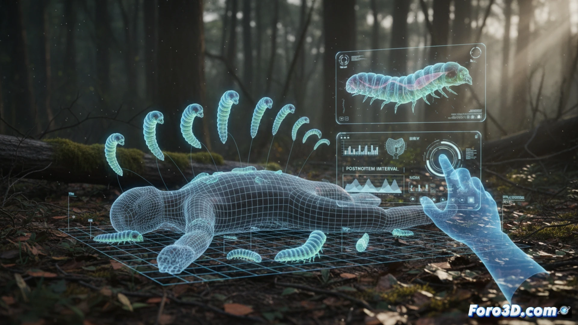 Larvas en modelo 3D para análisis forense de intervalo postmortem mediante fotogrametría y entomología digital