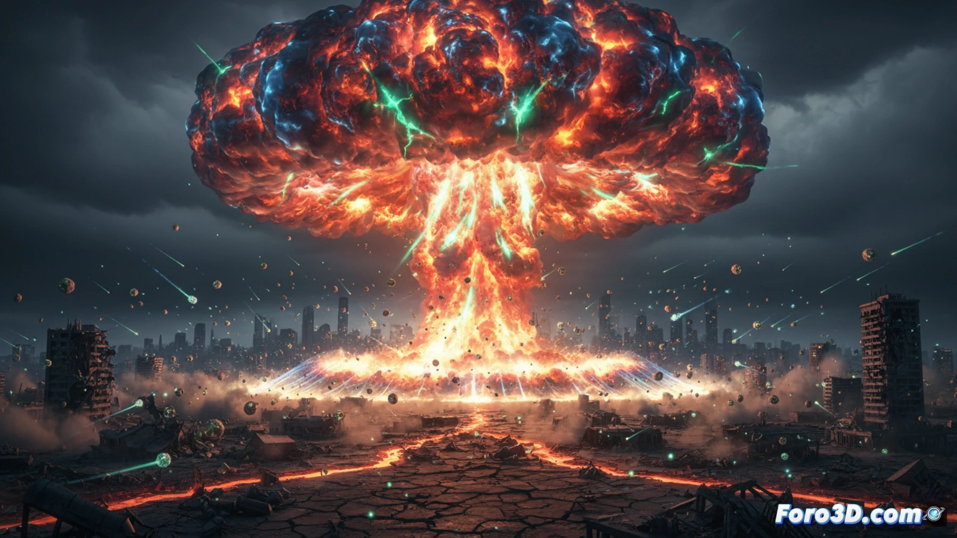 Render 3D de explosión nuclear con onda expansiva y hongo atómico sobre paisaje urbano devastado