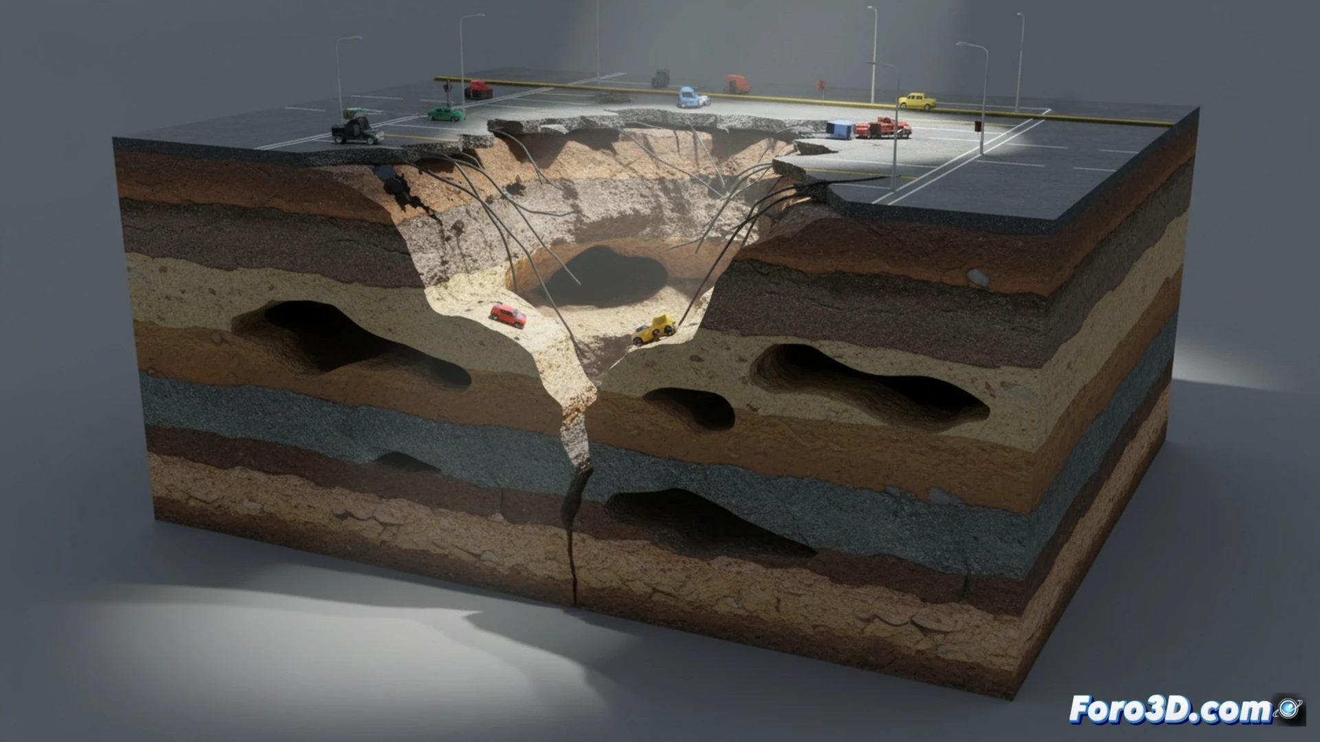 Modelado 3D de socavón urbano mostrando estratigrafía del subsuelo y punto de colapso geotécnico