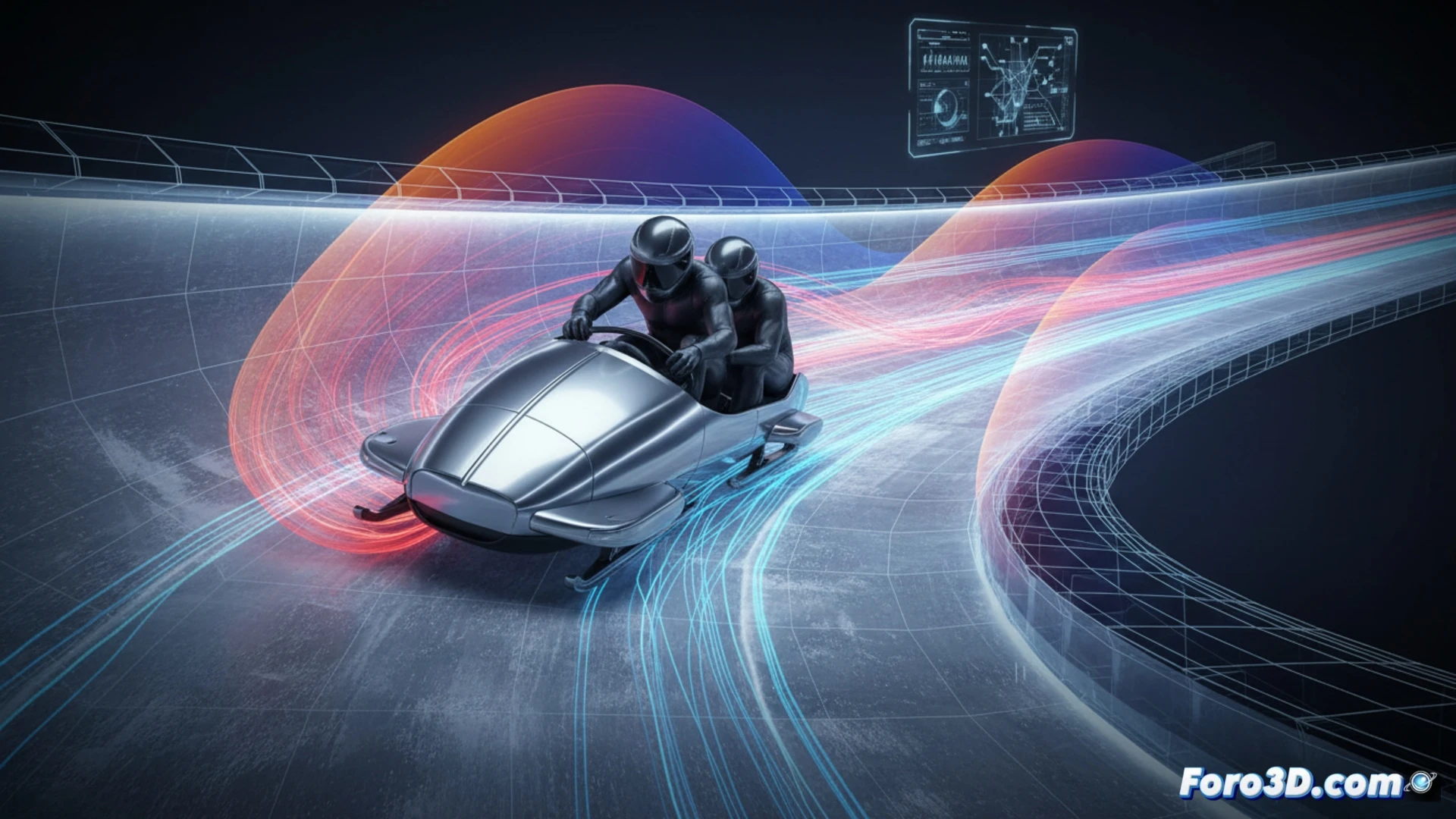 Modelado 3D de trineo bobsleigh con simulación CFD de flujo aerodinámico en pista de hielo