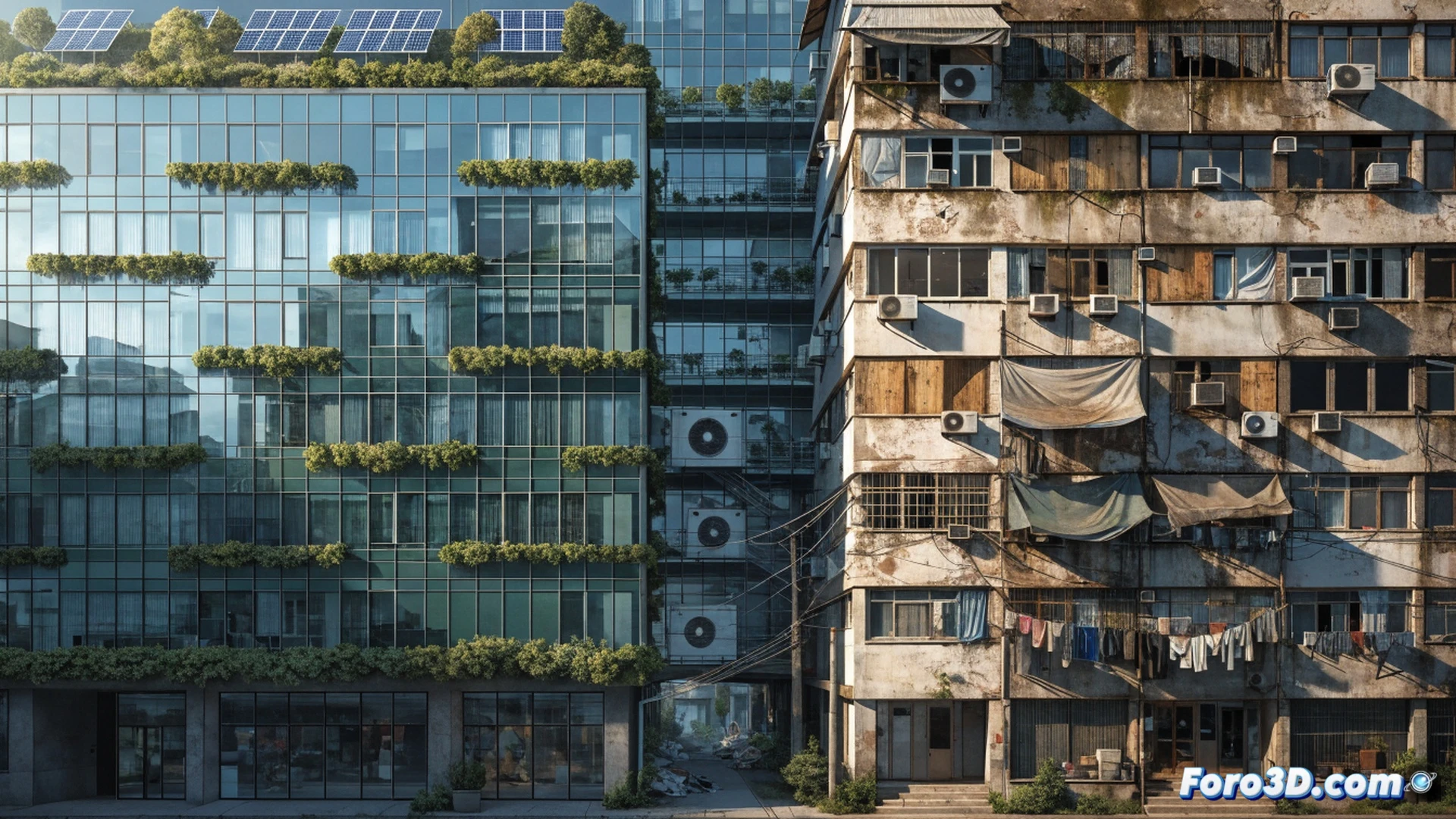 Modern luxury apartment building facade with green rooftop garden and solar panels, a family-sized electricity bill glowing red in foreground, construction workers installing expensive smart glass windows while a homeowner checks a digital energy monitor showing rising costs, photorealistic architectural visualization, dramatic contrast between eco-premium materials and financial burden, cinematic lighting with warm sunset hitting the glass facade, shadows stretching across a cracked pavement, ultra-detailed brick texture and reflective surfaces, technical engineering illustration style, high-contrast industrial aesthetic