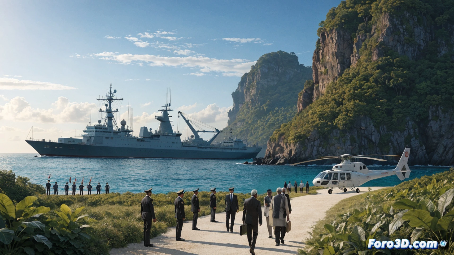Indian Prime Minister Modi descending aircraft stairs at Seychelles airport, shaking hands with President Herminie, naval warship silhouettes visible in background harbor, maritime radar screens displaying Indian Ocean shipping routes, diplomatic handshake mid-action, photorealistic cinematic visualization, bright tropical sunlight, crisp white uniforms, metallic aircraft wing edge, sea breeze rustling flags, strategic map table with glowing sea routes in background, ultra-detailed facial expressions, dramatic low-angle shot, realistic ocean horizon, technical geopolitical illustration style
