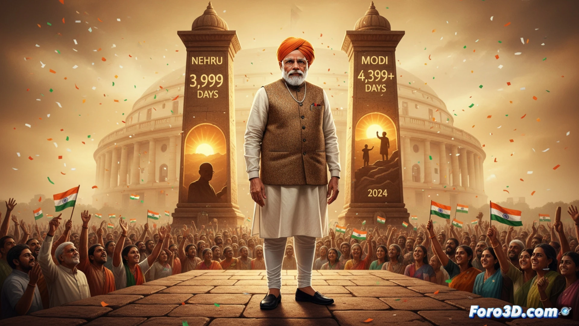 photorealistic political milestone visualization, Indian parliament building interior, Narendra Modi standing at a podium with raised hand showing three fingers for third term, digital timeline hologram floating beside him displaying 4,399 days counter, Jawaharlal Nehru's silhouette fading in background glass reflection, parliamentary benches filled with seated MPs, glowing LED data streams on legislative screens, cinematic dramatic lighting from chandeliers, polished marble floor reflecting ceremonial proceedings, ultra-detailed architectural columns, historical portrait frames on sandstone walls, technical engineering visualization with precise geometric composition