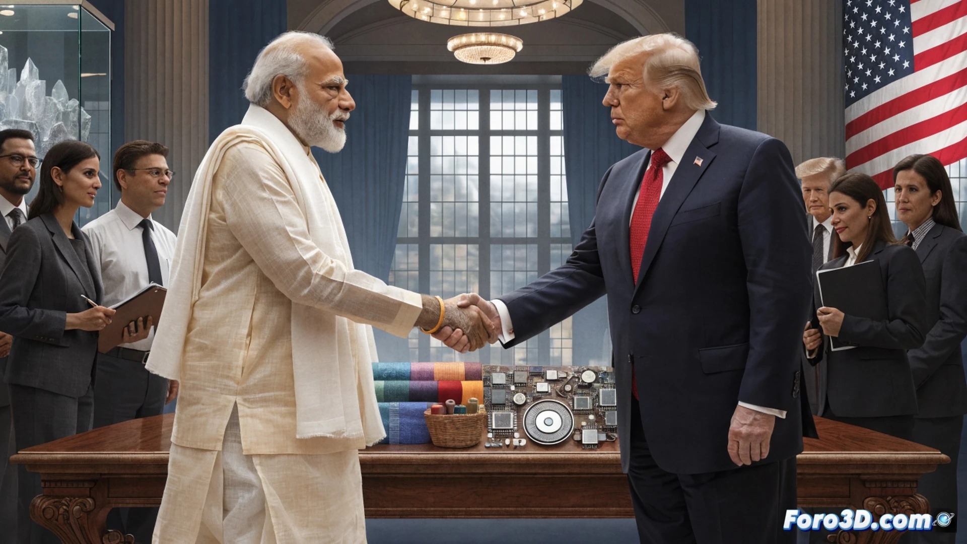 Two world leaders shaking hands over a sleek glass table, holographic charts showing falling tariff bars and rising trade arrows, a textile loom and microprocessor chip floating above the table, a wallet with coins spilling out beside a shopping cart full of affordable goods, cinematic photorealistic technical illustration, warm golden lighting, confident expressions, minimal background, ultra-detailed textures on fabric and metal, sharp focus on handshake and hologram data