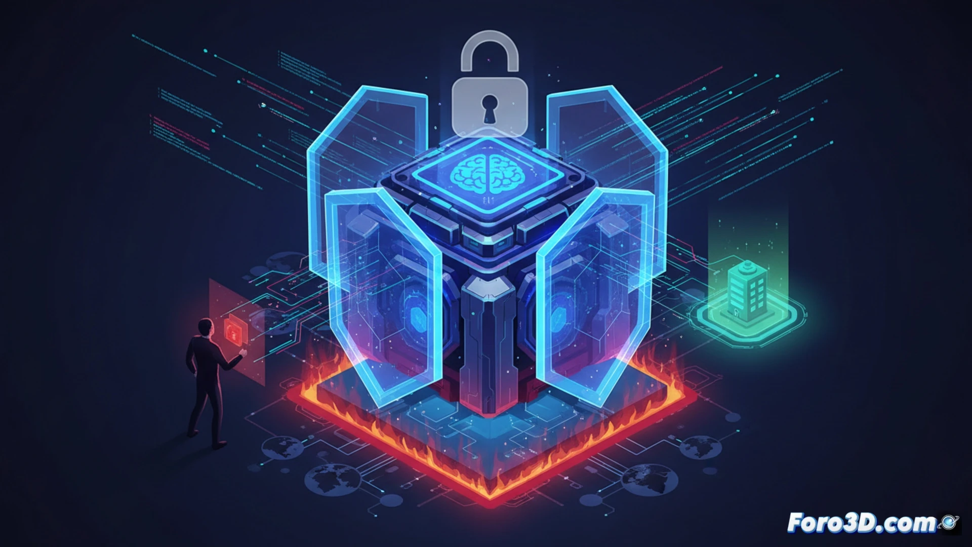 technical illustration of a ChatGPT interface on a corporate laptop screen showing a padlock icon overlaid on a document upload window, while network cables and Wi-Fi signals are visibly disconnected from the device, a glowing firewall barrier surrounding the system blocking outgoing data packets, keyboard with fingerprint scanner active, cinematic photorealistic style, dark blue and black corporate office background, dramatic side lighting emphasizing the locked state, ultra-detailed screen pixels and cable ports, demonstrating the active data isolation process