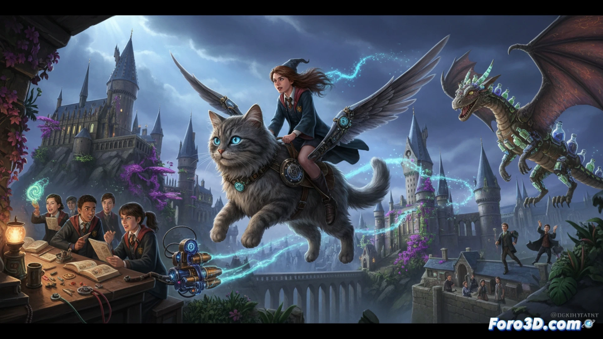 Hogwarts Legacy modding interface on a gaming PC monitor, player character flying on a taxidermy cat mount above a medieval castle courtyard, mod tool window open showing model replacement sliders and script editing lines, cat with stitched seams and glass eyes soaring with wings outstretched, motion blur on trailing scarf, technical engineering visualization, blue wireframe overlay highlighting rigged skeleton of the cat, glowing yellow code snippets floating beside the monitor, dramatic sunset lighting casting long shadows, ultra-detailed fur texture and leathery stitchwork, photorealistic cinematic render