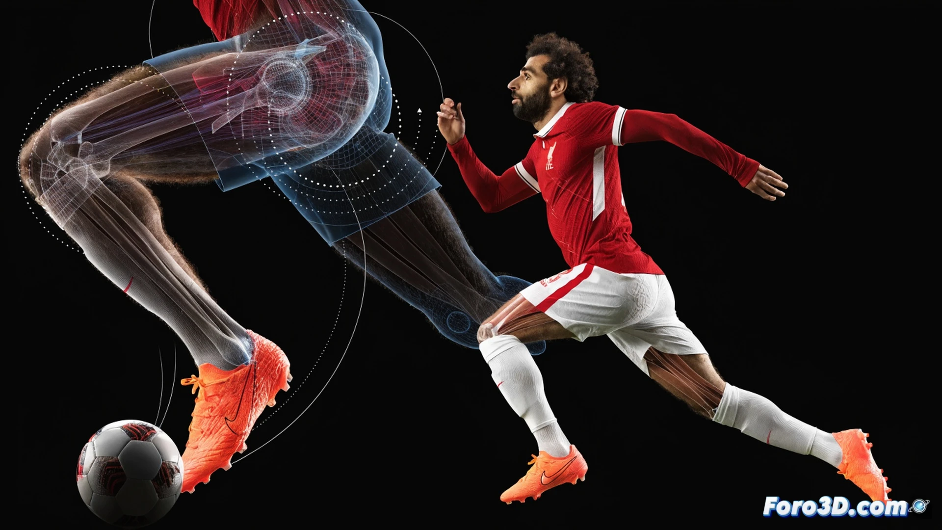 biomechanical 3D analysis of Mohamed Salah striking a football with his left foot, hip rotation at 45 degrees, ankle locked at 90 degrees, tendons and muscle fibers highlighted in translucent overlay, motion capture dots on his leg, football deforming on impact, green grass pitch, stadium lights, technical engineering visualization, wireframe grid surrounding the player, kinematic arrows showing force vectors, photorealistic render with glowing joint markers