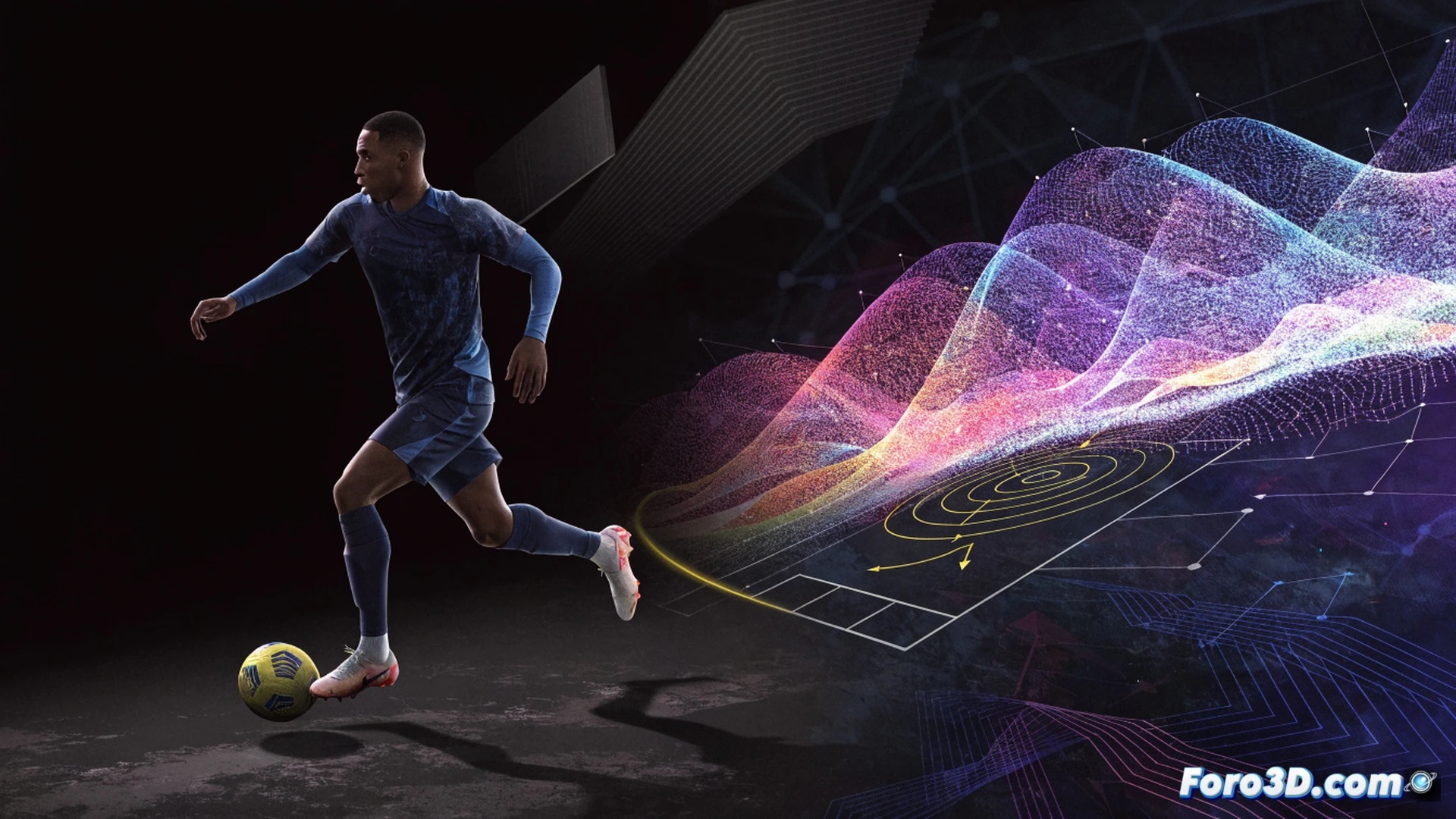 cinematic 3D football analysis scene, Mohamed Simakan in motion dribbling forward from defensive line, ball at feet while scanning pitch, glowing tactical overlay showing passing lanes and movement vectors, defensive zone behind him with opponent pressing, hybrid defender-midfielder action, technical data visualization with radar chart and heatmap floating in air, photorealistic stadium lighting, dynamic pose with jersey flowing, ultra-detailed grass texture and boot studs, Recraft AI technical illustration style