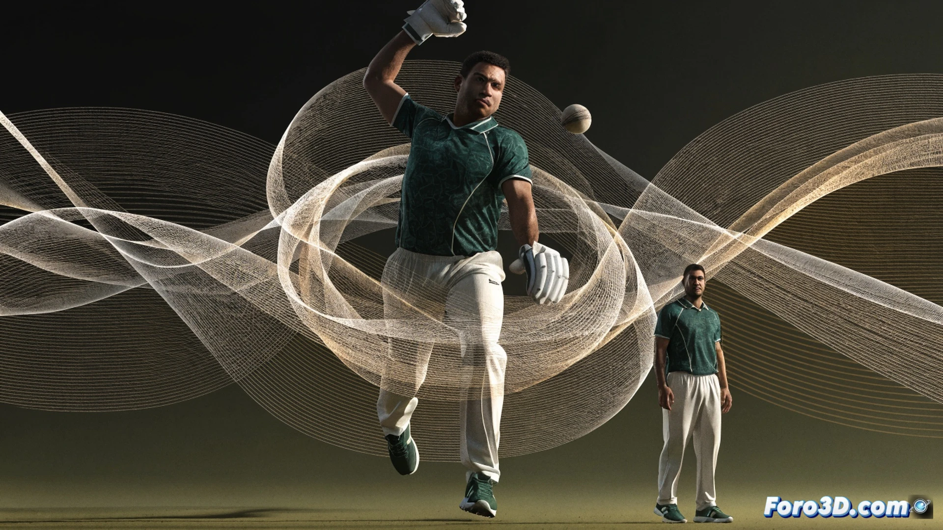 Mohammad Nabi mid-delivery action, cricket ball spinning sharply with visible seam rotation, green turf under floodlights, sweat droplets flying from his brow during a long bowling spell, 3D technical overlay showing red motion lines tracing ball trajectory from hand to pitch, glowing orange heat map on his shoulder muscles indicating endurance under fatigue, photorealistic engineering visualization, kinetic energy vectors emanating from his bowling arm, cinematic low-angle shot, ultra-detailed skin texture and jersey fabric, dramatic stadium lighting with deep shadows.