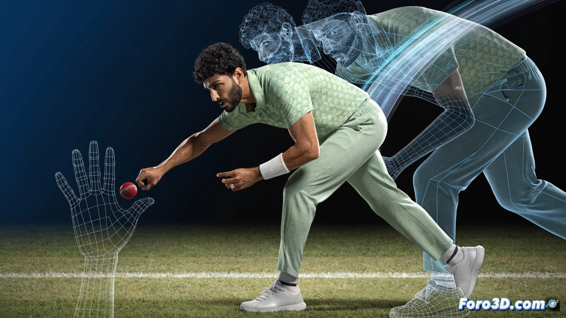 left-arm spinner Mohammad Nawaz in mid-delivery stride, bowling action frozen in time, fingers gripping cricket ball with wrist rotation visible, ball leaving hand with exaggerated spin effect, trajectory lines showing drift and dip, 3D wireframe overlay tracking arm angle and shoulder rotation, biomechanical motion capture markers on joints, photorealistic cricket field background with stumps and batsman silhouette, cinematic lighting with dramatic shadows, technical visualization style with glowing kinematic lines and torque arrows, ultra-detailed muscle tension in forearm, high-speed camera aesthetic, motion blur on spinning ball
