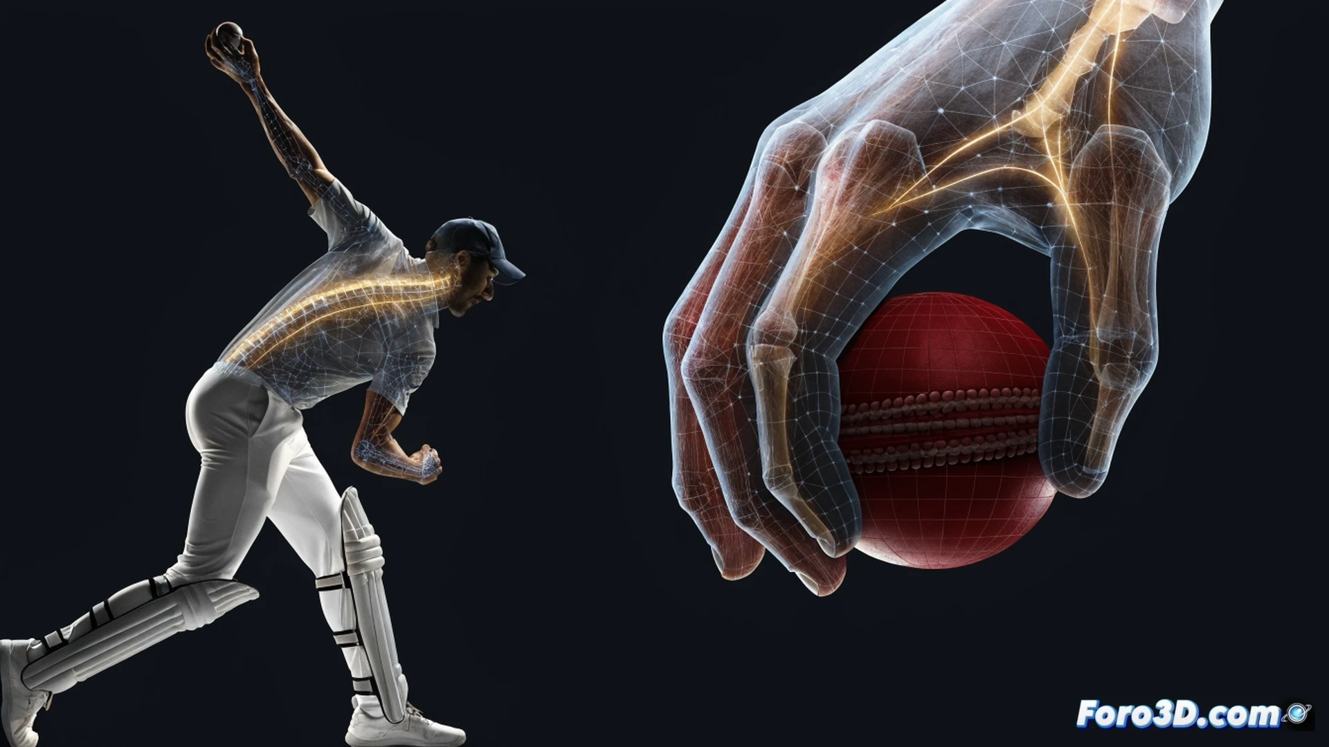 3D biomechanical analysis of a cricketer delivering a yorker, high-speed motion capture cameras tracking arm angle and wrist snap, glowing skeletal overlay showing torque in shoulder and hip rotation, ball trajectory curving sharply towards base of stumps, kinematic lines tracing limb movement, dark studio background with grid floor, cinematic technical visualization, blue and orange data highlights, ultra-detailed muscle strain, photorealistic engineering render