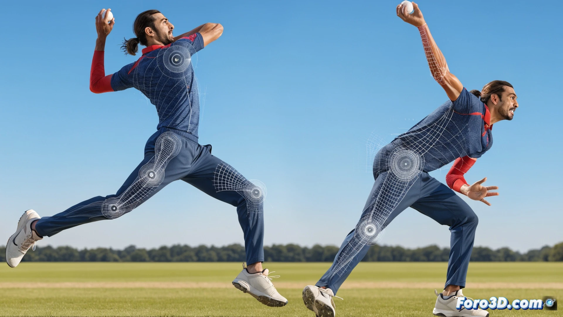 biomechanical analysis of Mohammed Siraj bowling action, side-angle view showing wide jump and synchronized arm brace during delivery stride, hip rotation generating explosive shoulder torque, ball release with seam angled for bounce and movement off pitch, 3D skeletal overlay with joint angles and force vectors, motion capture dots tracking limb trajectories, photorealistic engineering visualization, stadium floodlighting casting sharp shadows, green pitch surface with scuffed areas, hyper-detailed muscle and tendon rendering, cinematic slow-motion effect