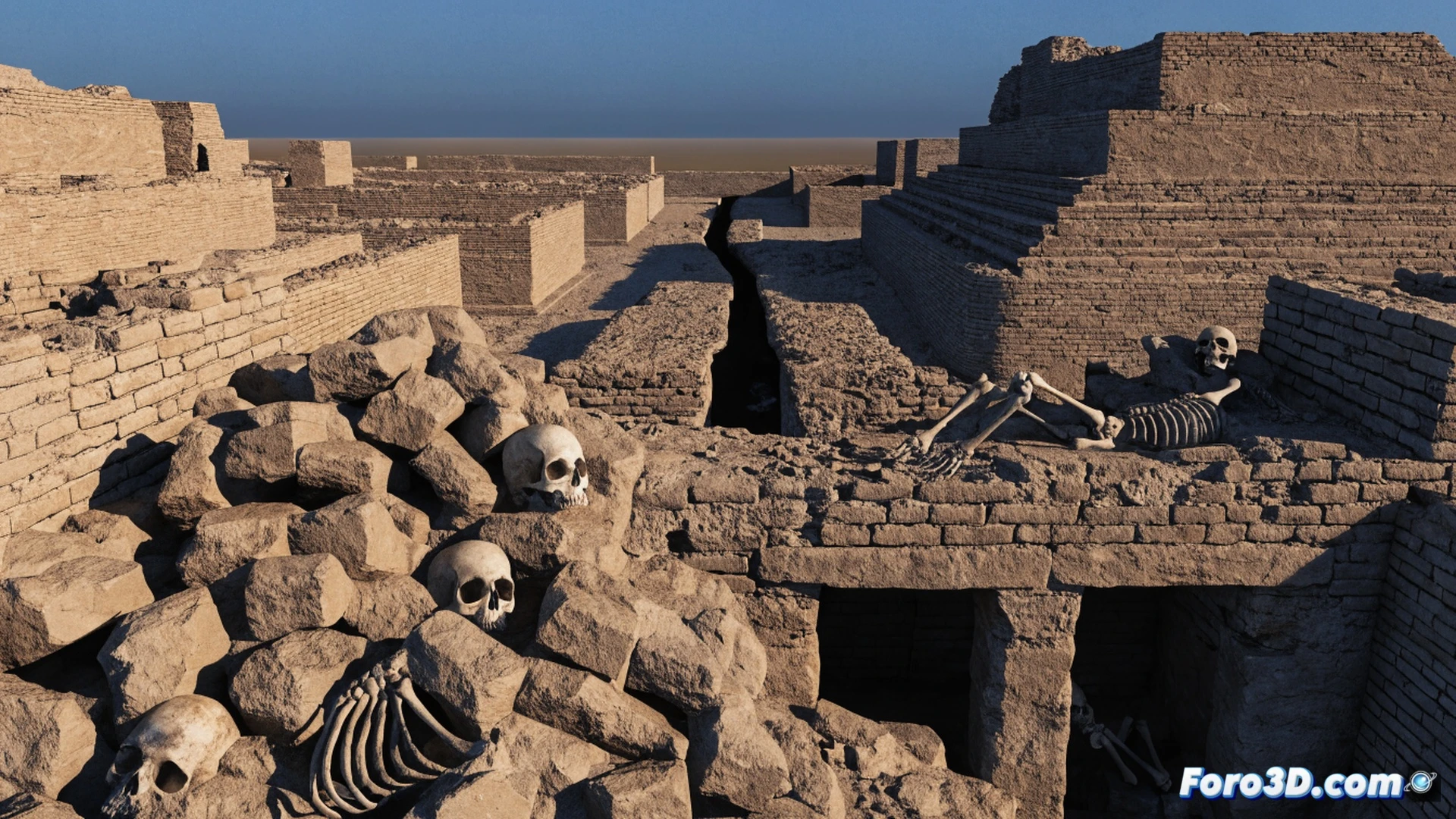 ancient Indus Valley excavation site at dawn, archaeologists carefully brushing dust off skeletal remains in violent positions near a collapsed brick wall, exposed clay drainage pipes and a rectangular public bathing pool in background, broken pottery scattered on a straight stone street, dramatic side-lighting casting long shadows, photorealistic archaeological documentation style, ultra-detailed cracked terracotta fragments, worn sandstone bricks, dust particles suspended in golden sunlight, wide-angle lens capturing the eerie stillness of an abandoned city, cinematic composition emphasizing human absence and mystery
