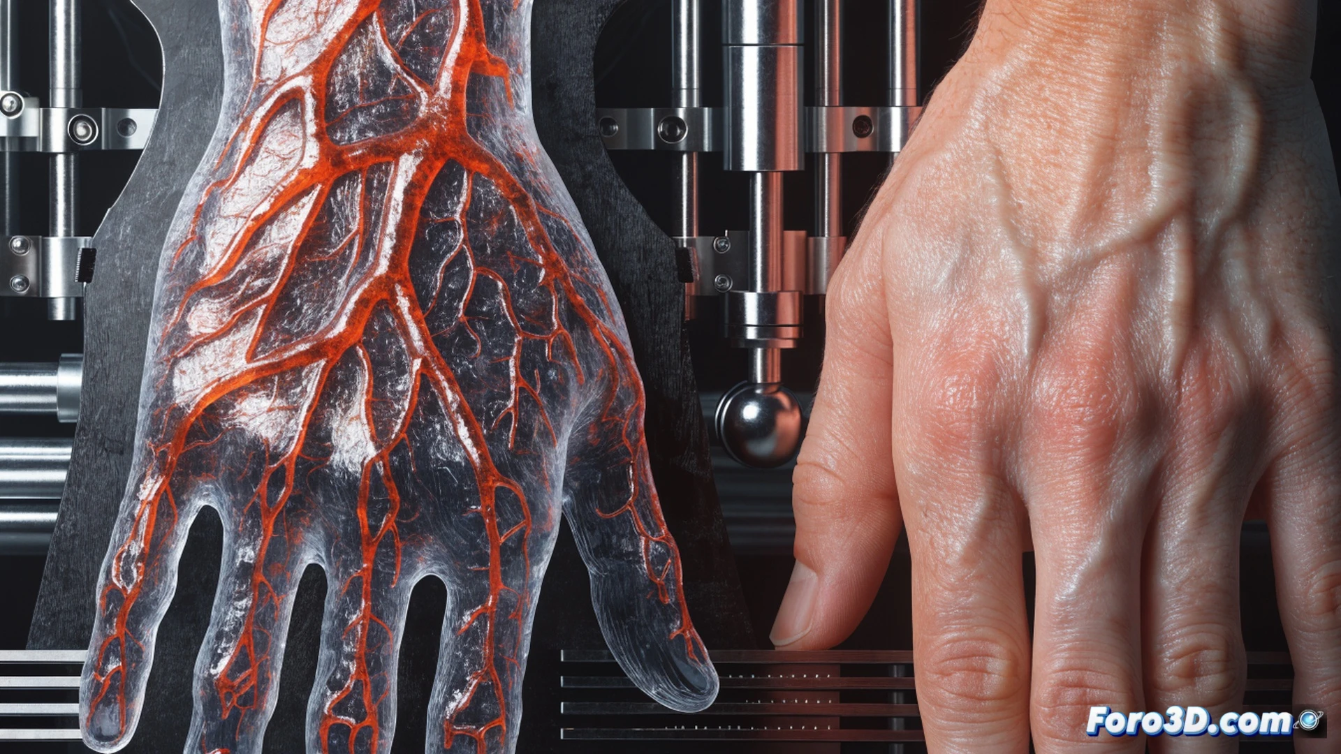 photorealistic technical illustration showing a 3D-printed translucent thermoplastic hand mold positioned over an infrared vein scanner, scanner emitting red infrared light beams hitting the mold surface while a person holds the mold against the sensor, background shows a computer monitor displaying high-resolution hand photography and 3D modeling software interface with mesh wireframe, desk cluttered with calipers, USB cables, and a small resin printer, warm ambient lighting contrasting with cold blue scanner glow, cinematic security breach aesthetic, ultra-detailed plastic texture with visible layer lines, dramatic shadows emphasizing the deception process