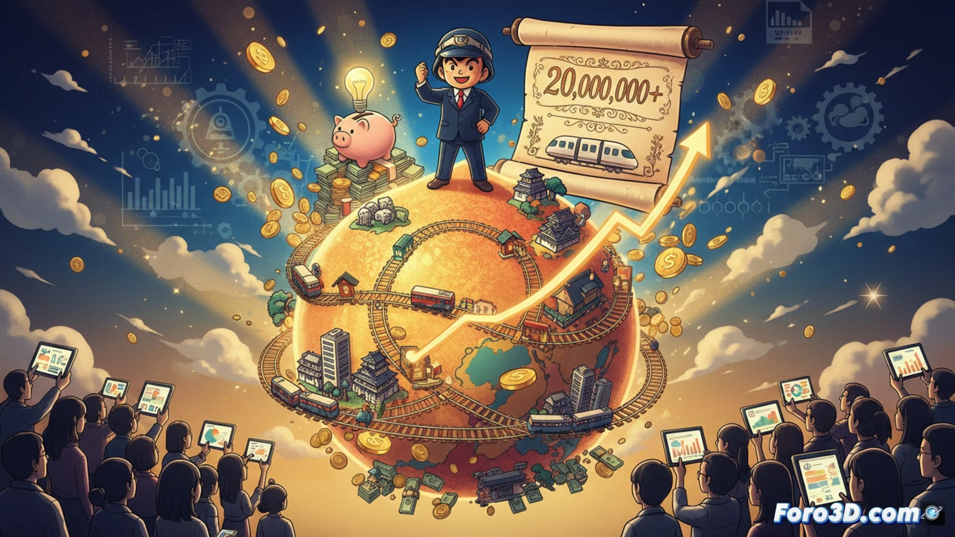 three miniature businesspeople figures standing on a glowing Monopoly-style board map of Japan, miniature train pieces moving along railway lines between city squares, stacks of gold coins and property cards piled near stations, financial graph lines rising from the board, digital tablet showing stock portfolio interface beside the board, cinematic photorealistic render, warm tabletop lighting, shallow depth of field, polished wooden surface, wealth accumulation concept visualized, game pieces casting soft shadows, interactive educational gameplay atmosphere, ultra-detailed textures on cards and coins