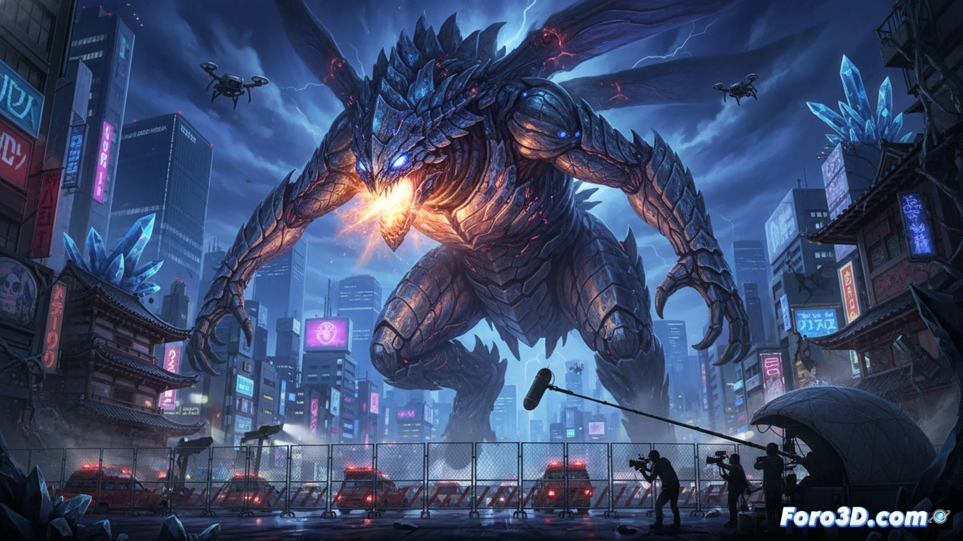 cinematic scene of a Tokyo street at night, a giant Titan X creature towering over neon-lit buildings, its metallic hide reflecting city lights, a film crew with boom microphones and handheld cameras working under strict noise restrictions, soundproof blankets draped over nearby equipment, a digital monitor showing VFX wireframe overlays of the creature, motion blur from a passing shinkansen train, glowing particles from practical smoke machines mixing with CGI debris, photorealistic technical illustration, ultra-detailed mechanical textures, dramatic shadows from street lamps, high-contrast cinematic lighting, showing the process of live-action filming constrained by urban noise limits and complex visual effects integration