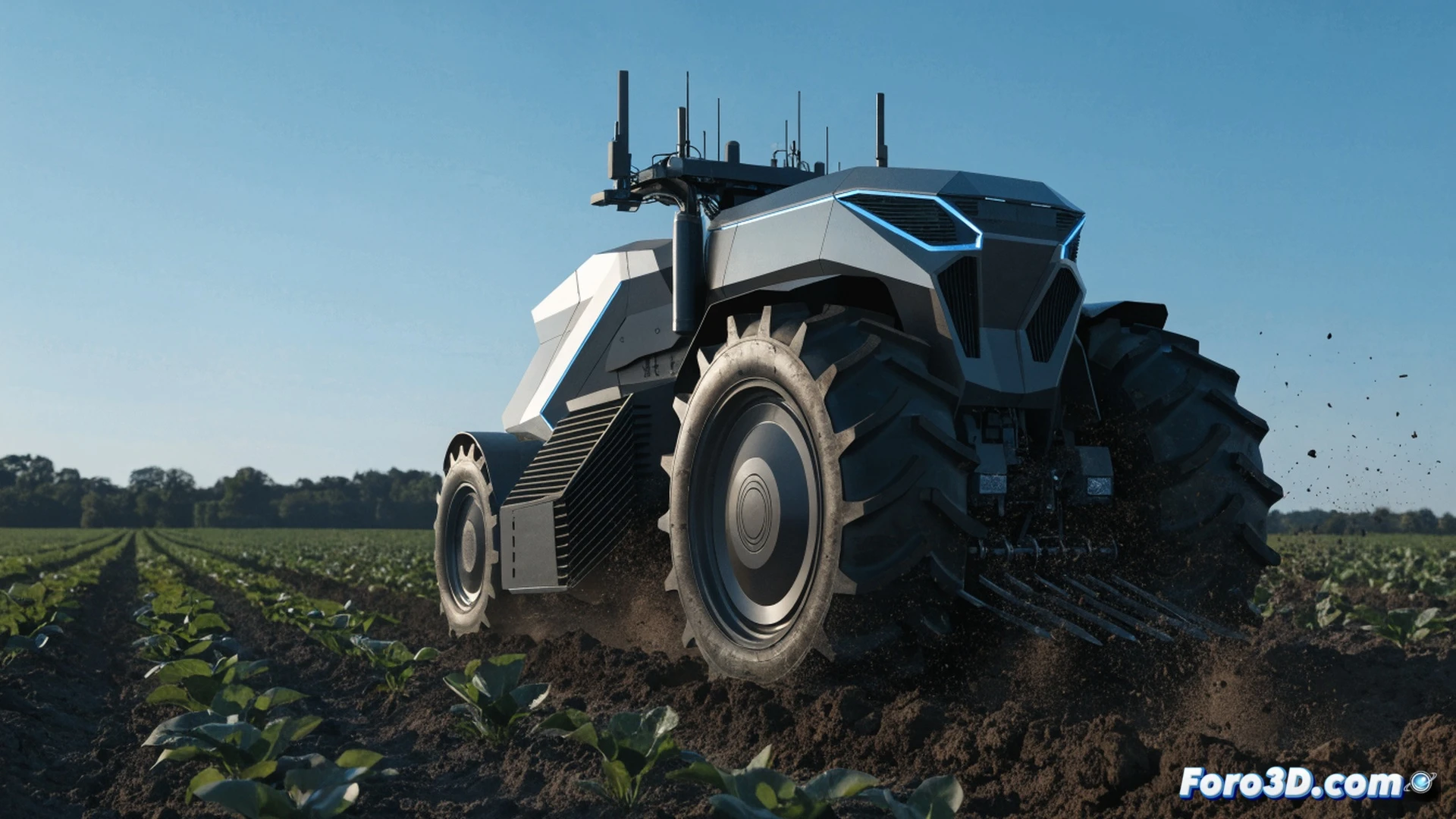 Monarch MK-V autonomous electric tractor plowing a field at dusk, soil being turned over by precision implements, glowing sensor arrays on the roof scanning crop rows in real-time, interactive data overlays projected onto the ground showing soil moisture and plant health metrics, no driver cabin present, sleek metallic body with blue LED accents, dust particles illuminated by setting sun, cinematic agricultural technology visualization, photorealistic engineering render, dramatic golden hour lighting, sharp mechanical details, dynamic motion blur on wheels, futuristic farming equipment in action