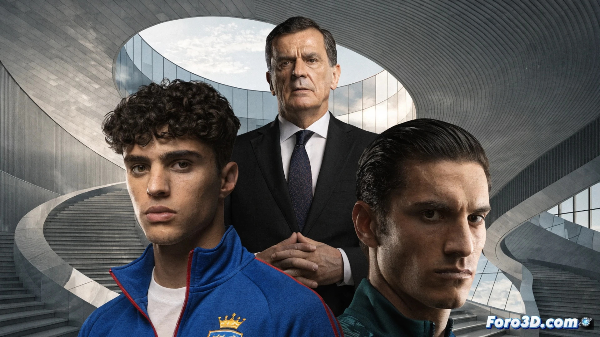 Football transfer negotiation scene in a modern sports office, Monchi pointing at a tactical tablet showing Calatrava and Moscardó profiles, Castellón and PSG documents on the desk, a 5 million euro contract being signed, a young Brazilian player in Braga jersey visible on a laptop screen, cinematic photorealistic style, dramatic overhead lighting, glossy wooden table, blue and white Espanyol accents, motion blur on passing papers, ultra-detailed office interior, professional negotiation atmosphere, technical illustration quality
