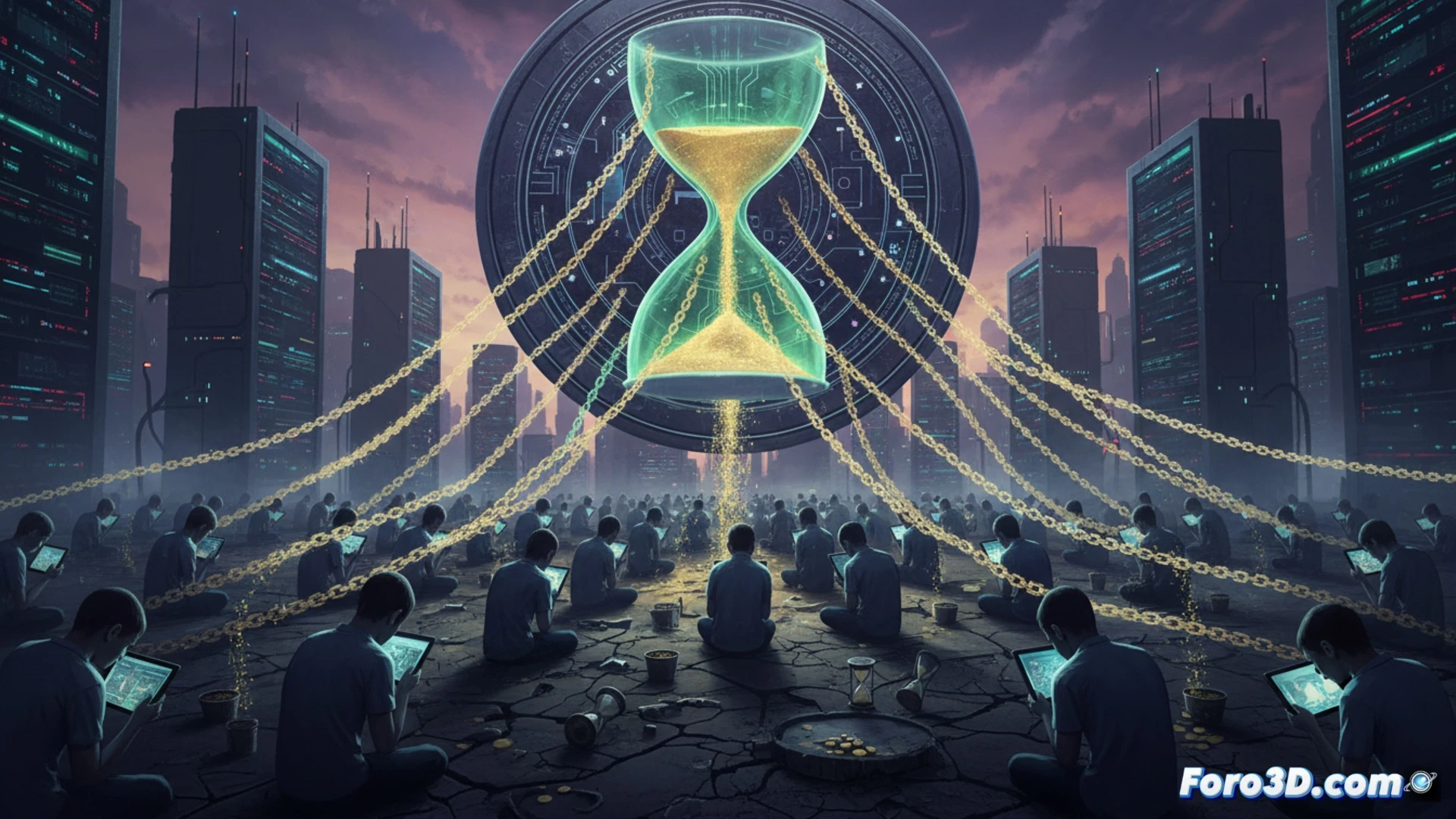 Una pantalla brillante muestra monedas digitales flotando, mientras un reloj de arena se vacía y una silueta humana se desvanece entre distracciones.