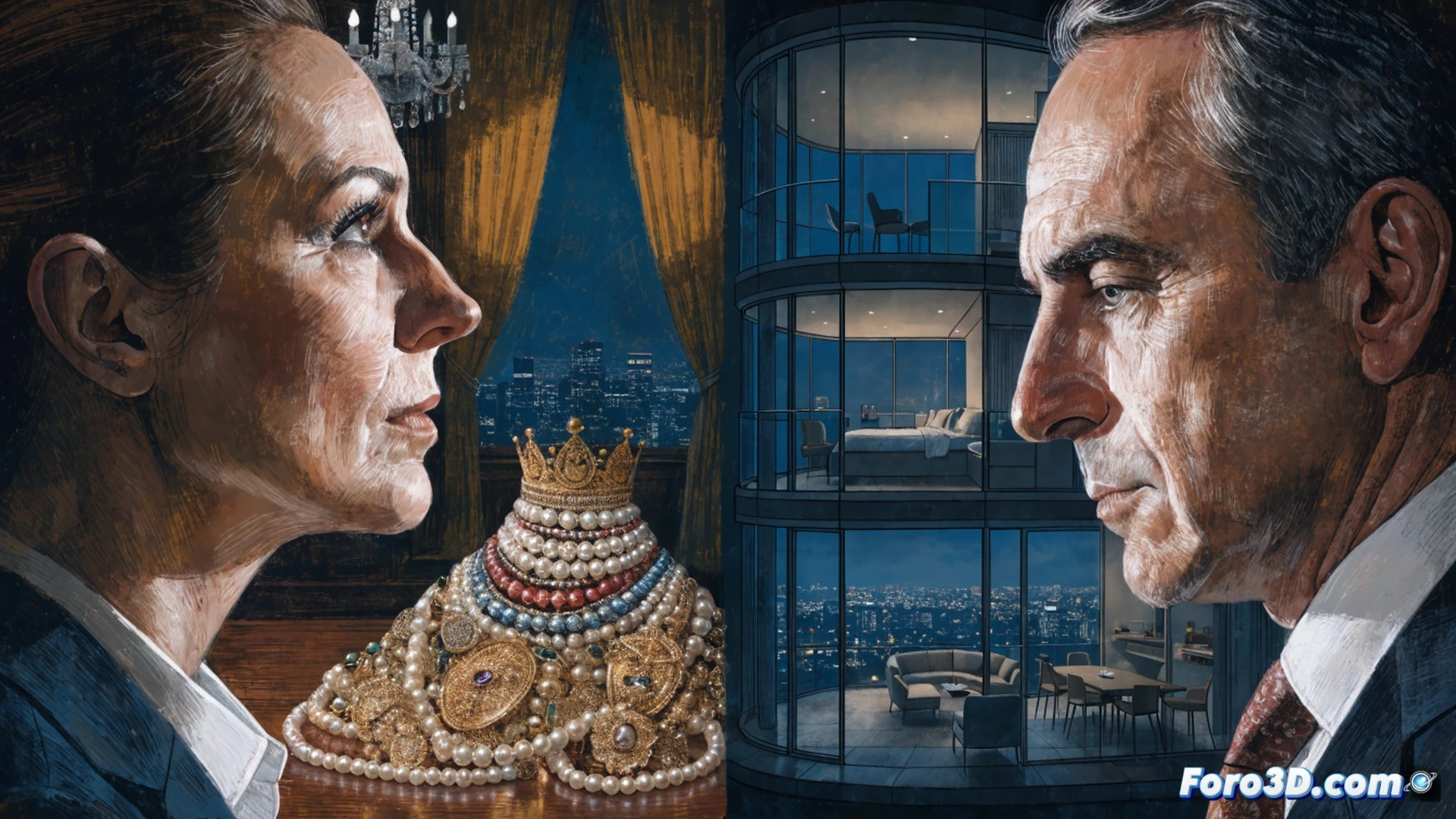 photorealistic political transparency scene, Mónica García pointing at a digital screen showing two split displays, left side displaying a jewelry box with glowing diamonds and a court document seal, right side showing a luxury apartment blueprint and a house deed, hands holding a magnifying glass over financial data graphs, computer monitor with spreadsheet software and auditing tools visible, minimalist government office background, dramatic overhead lighting casting shadows, clean modern furniture, technical illustration style, cinematic depth of field, data visualization elements floating in holographic style