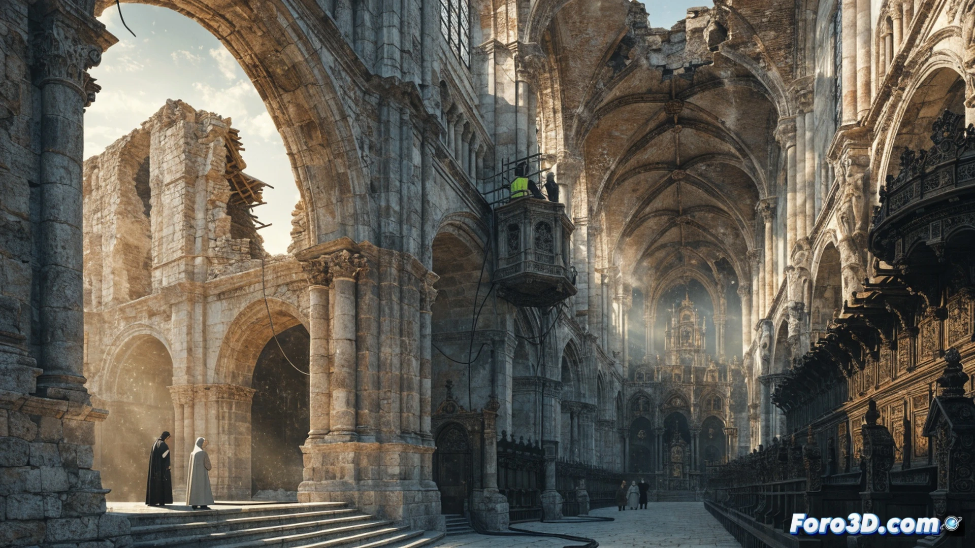 cinematic photorealistic scene inside crumbling monastery cloister, stone walls showing visible cracks and water damage, two nuns in traditional habits inspecting a collapsed wooden beam on the floor while a third sister holds a tablet displaying a 3D structural scan, technical process of damage assessment, handheld surveying tools and laser measuring device on a tripod, fallen plaster fragments and exposed brickwork, dramatic shaft of sunlight illuminating dust particles, wooden scaffolding propped against a weakened arch, realistic textures of aged stone and worn wood, urgent restoration atmosphere