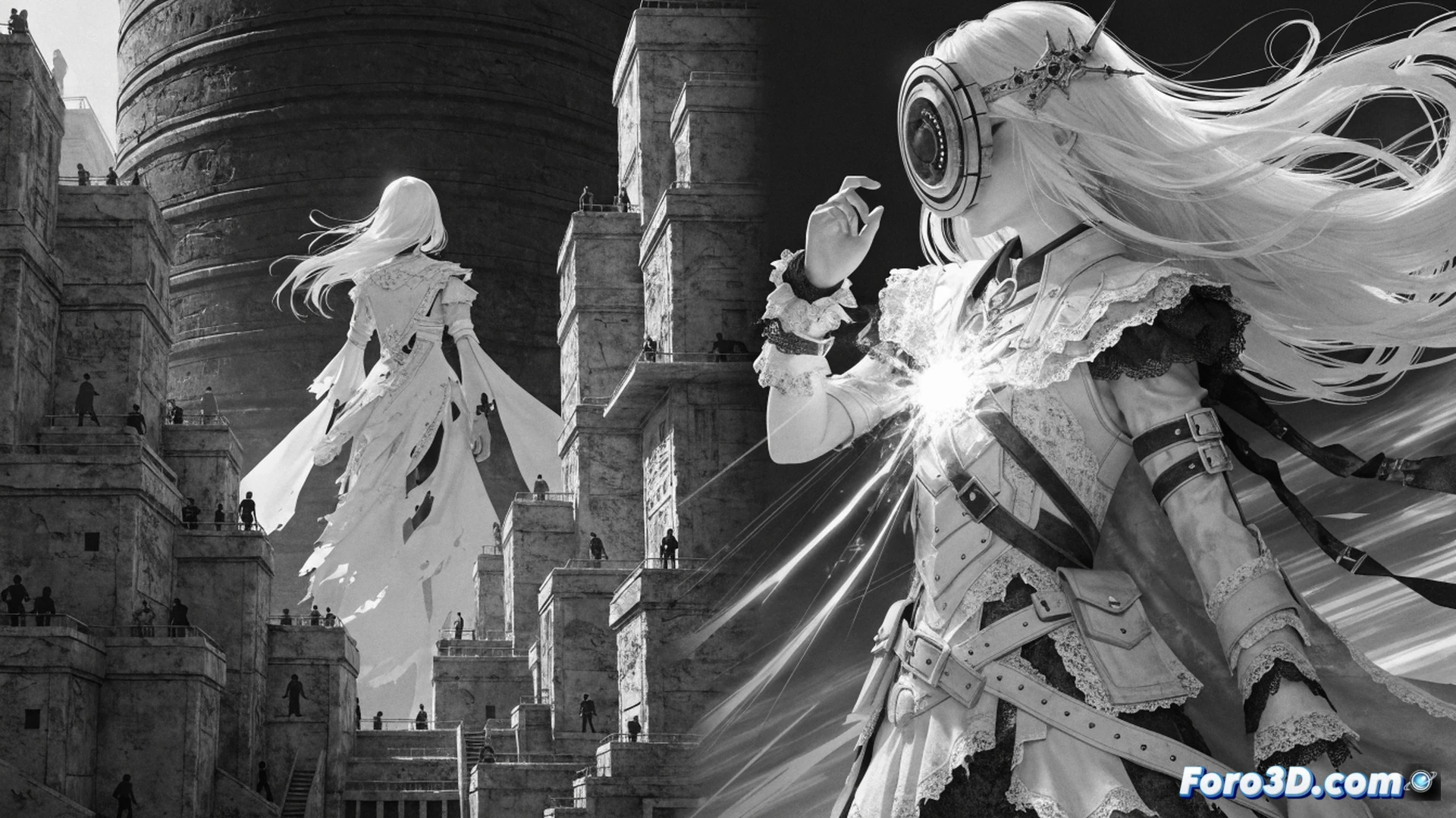Monochrome RPG combat scene in a desaturated world, player character summoning a spectral creature mid-slash attack, glowing white energy particles bursting from a handheld sword, enemy monster recoiling from impact, pixelated hack-and-slash action frozen in motion, character customization menu overlay faintly visible in background, Nintendo Switch console held in hands during gameplay, dark grey stone ruins environment, high contrast black and white aesthetic, dramatic rim lighting on character silhouette, cinematic game action shot, technical illustration style, strategic battle moment showing summoning process and weapon impact