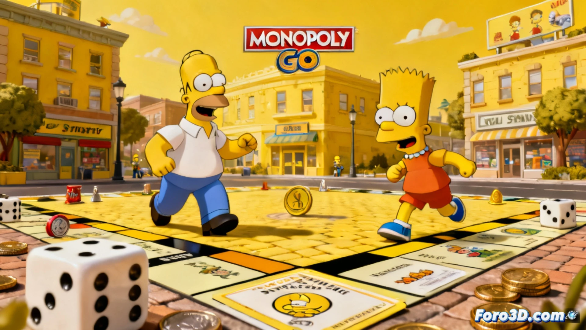 Monopoly GO! board transforming into Springfield street, Homer Simpson holding a mobile phone while Bart skateboards past the Burns Nuclear Plant, dice floating mid-roll above a glowing Monopoly token, confetti and coins bursting during a minigame action sequence, cinematic game UI elements blending with cartoon textures, bright yellow and blue color palette, dynamic motion blur on spinning wheel, realistic mobile screen reflection, playful arcade lighting, photorealistic technical illustration