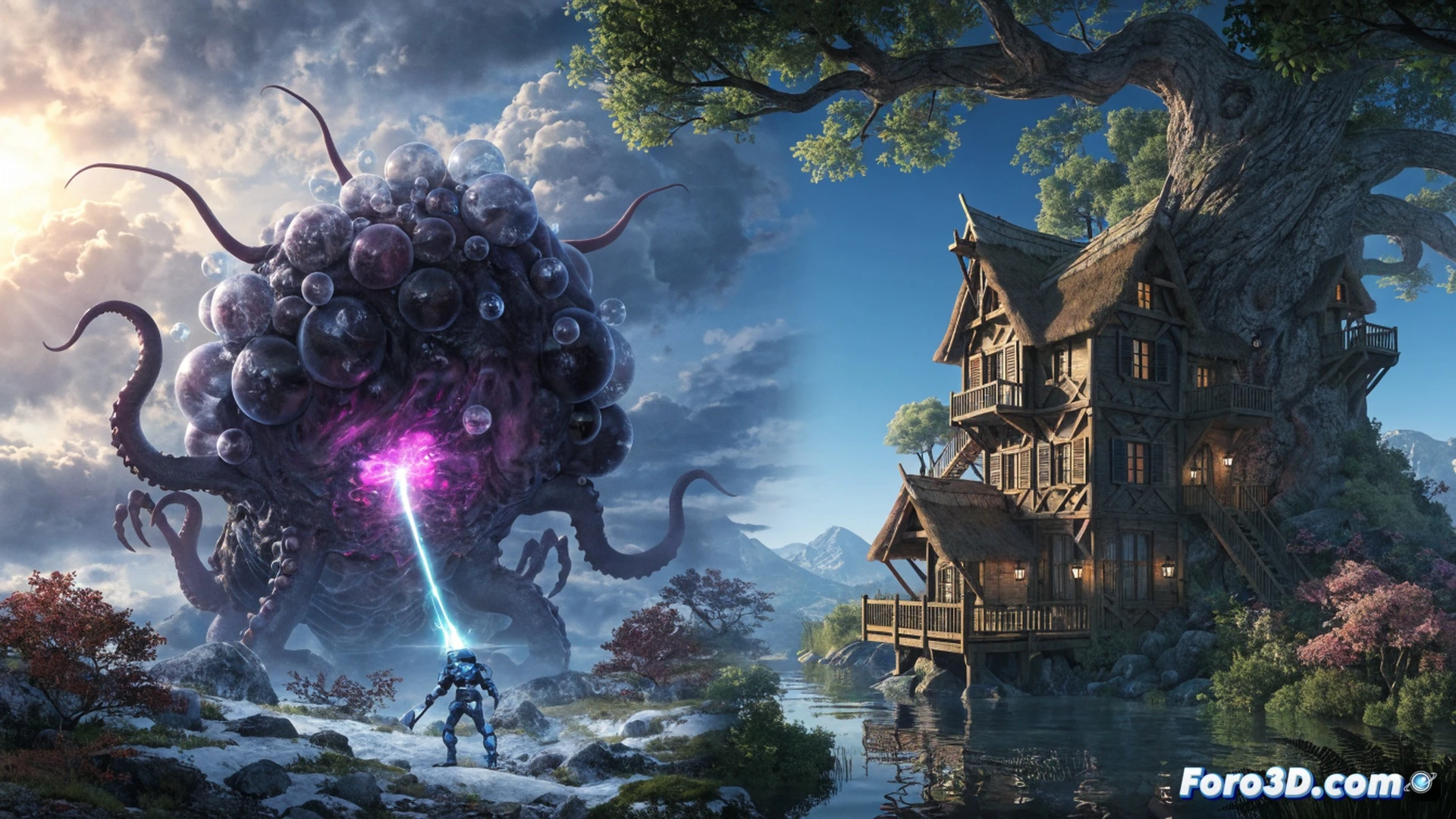 Monster Fantasy PC game scene, player character in dynamic combat stance swinging a glowing axe at a horned beast while a wooden cottage with a smoking chimney stands half-built in the background, fishing rod and cooking pot visible near a campfire, open world forest with floating islands and magical creatures, showing simultaneous action and relaxation elements, cinematic lighting with golden sunset and soft particle effects, ultra-detailed textures on armor and monster scales, photorealistic technical illustration